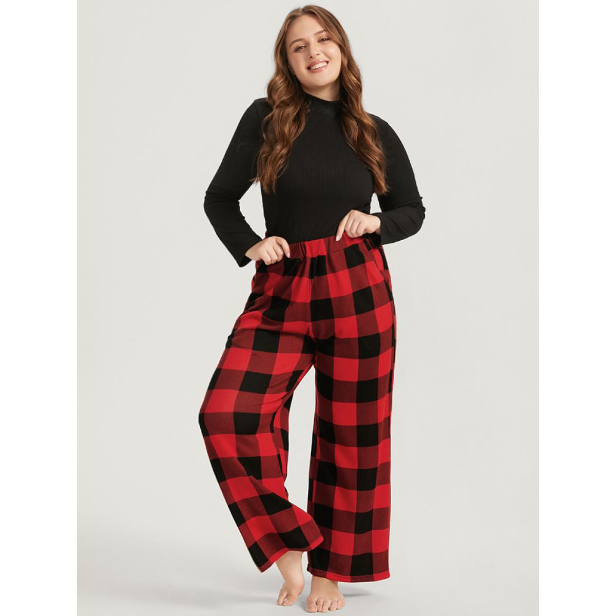 Plus Size Plaid Pocket Elastic Waist Wide Leg Pants Women Red Casual Mid Rise Dailywear Pants BloomChic 10/M Product Image