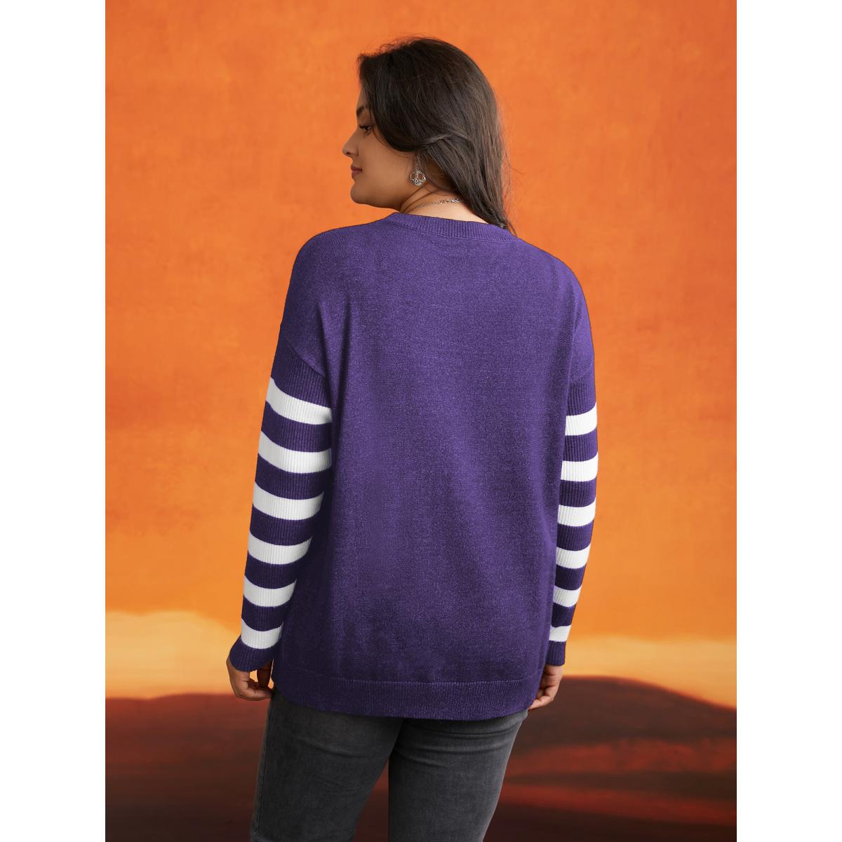 Plus Size Supersoft Essentials Gothic Skull Striped Sleeves Pullover Deeppurple Women Playful Loose Long Sleeve Round Neck Casual Pullovers BloomChic 30/6X Product Image