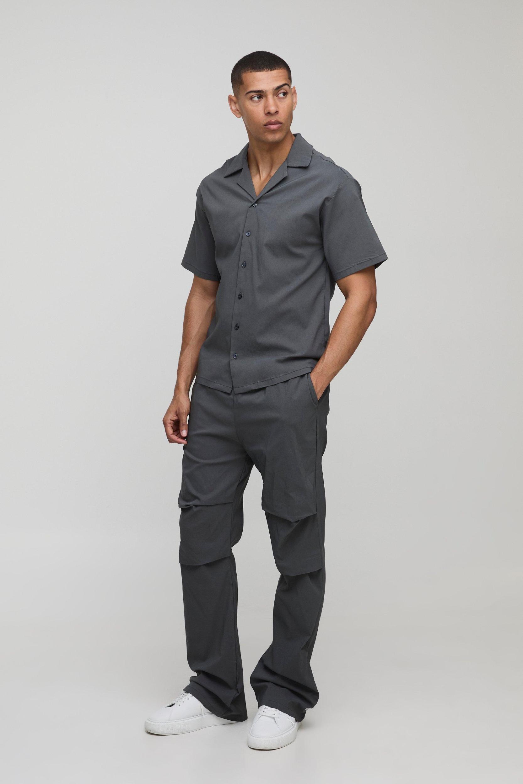 Oversized Revere Bengaline Shirt & Pleated Straight Stacked Pants Set | boohooMAN USA Product Image