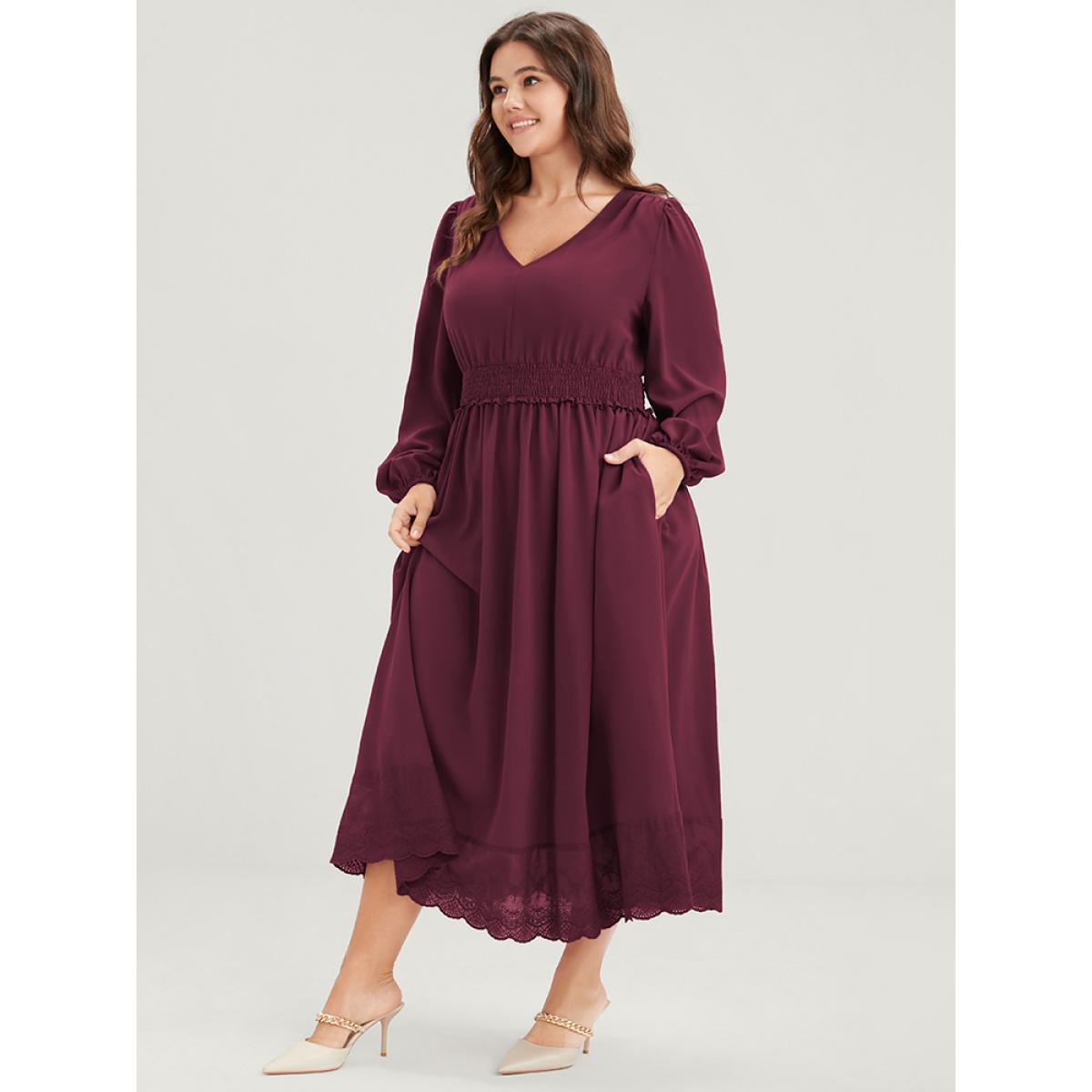 Plus Size Solid Pocket Lantern Sleeve Patchwork Ruffled Shirred Dress Burgundy Women Elegant Plain V-neck Long Sleeve Curvy Midi Dress BloomChic 30/6X Product Image