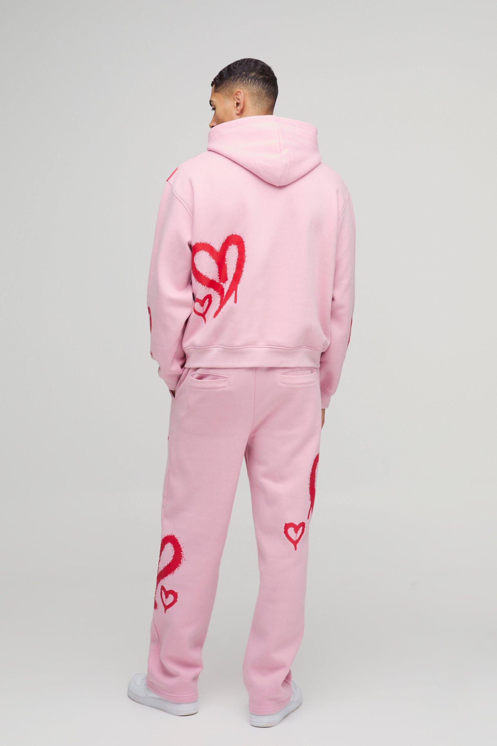 Oversized Boxy All Over Heart Printed Hooded Tracksuit | boohooMAN USA Product Image