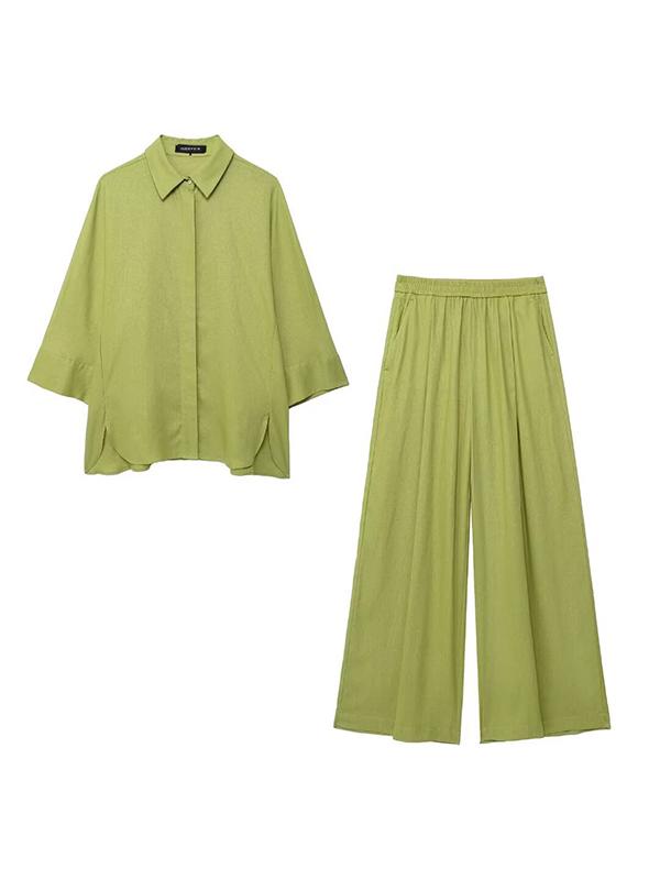 Loose Solid Color Split-Joint Split-Side Lapel Blouse + Elasticity Pleated Pants Trousers Two Pieces Set Product Image