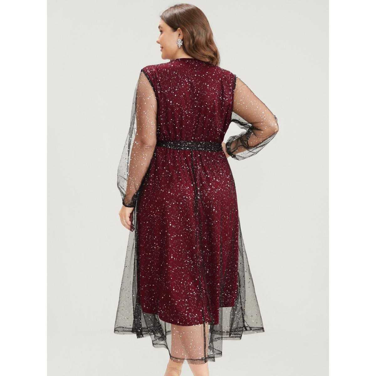 Mesh Lace Plain Patchwork Plus Size Women Going out Midi Dress Lantern Sleeve Long Sleeve V Neck Pocket Belt Party Dresses BloomChic Product Image