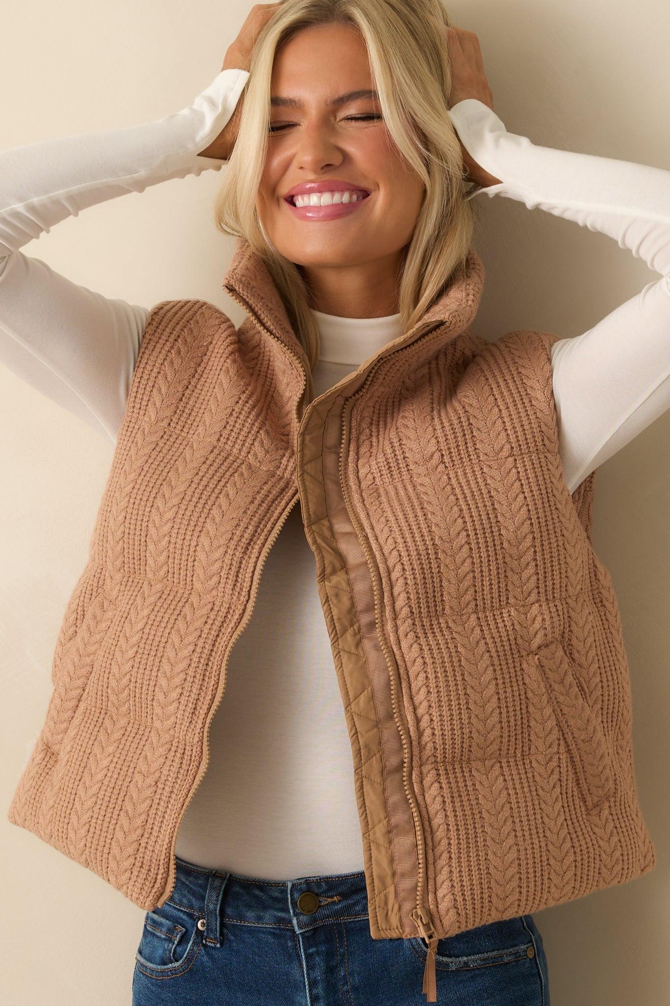Thread & Supply Stormi Camel Brown Cable Knit Puffer Vest L / Camel Product Image