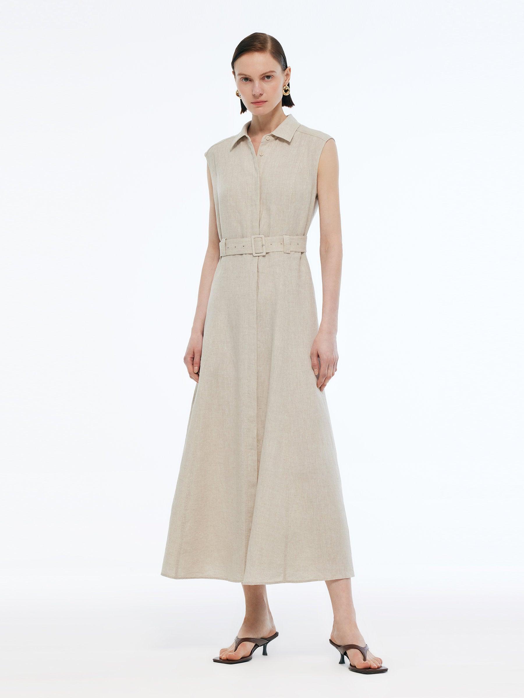 100% Linen Women Vest Maxi Shirt Dress With Belt Product Image