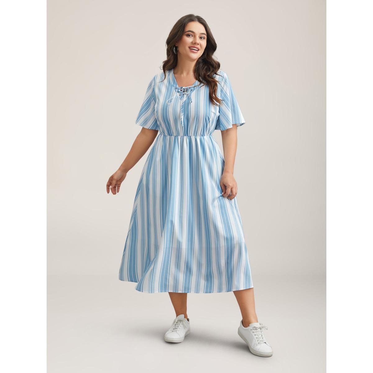 Plus Size Nautical Stripes Neck Tie Midi Dress Cerulean Women Casual Wraparound straps V-neck Half Sleeve Curvy BloomChic 14-16/1X Product Image