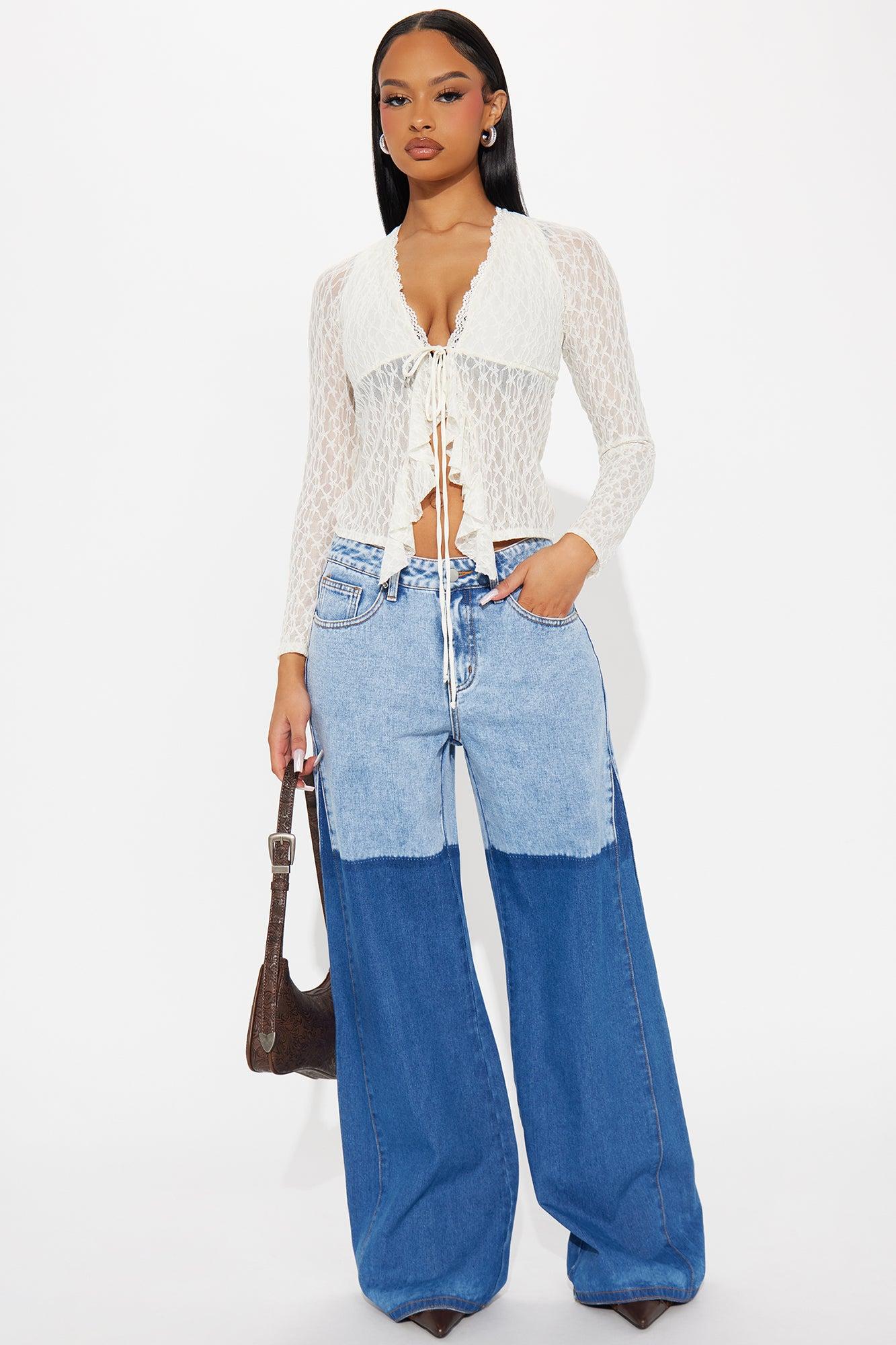 Right Bank Two Tone Wide Leg Jeans - Medium Wash Product Image