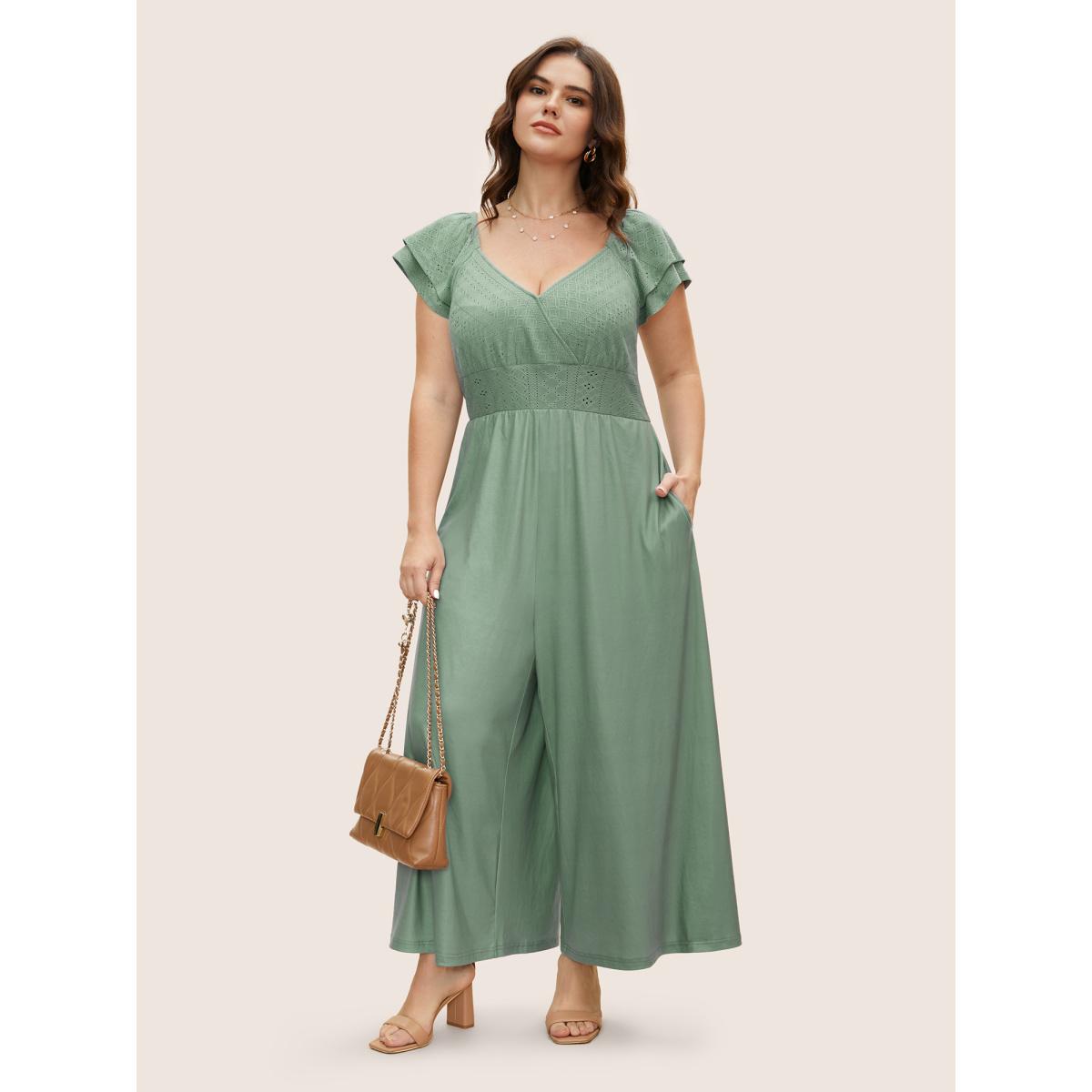 Plus Size Sage Eyelet Embroidery Tiered Ruffle Trim Jumpsuit Women Elegant Cap Sleeve Heart neckline Everyday Loose Jumpsuits BloomChic 22-24/3X Product Image
