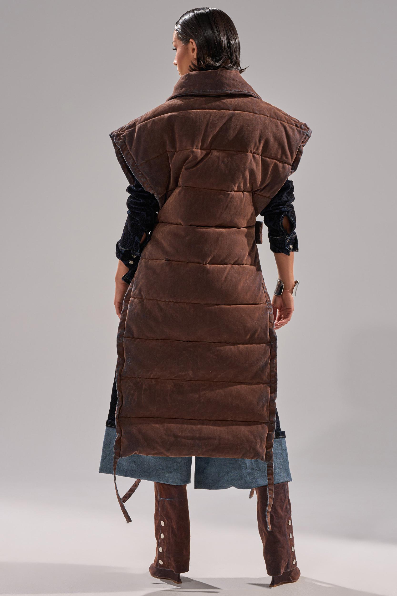 PILOT JONES LONGLINE PUFFER VEST IN VELVET DENIM Product Image