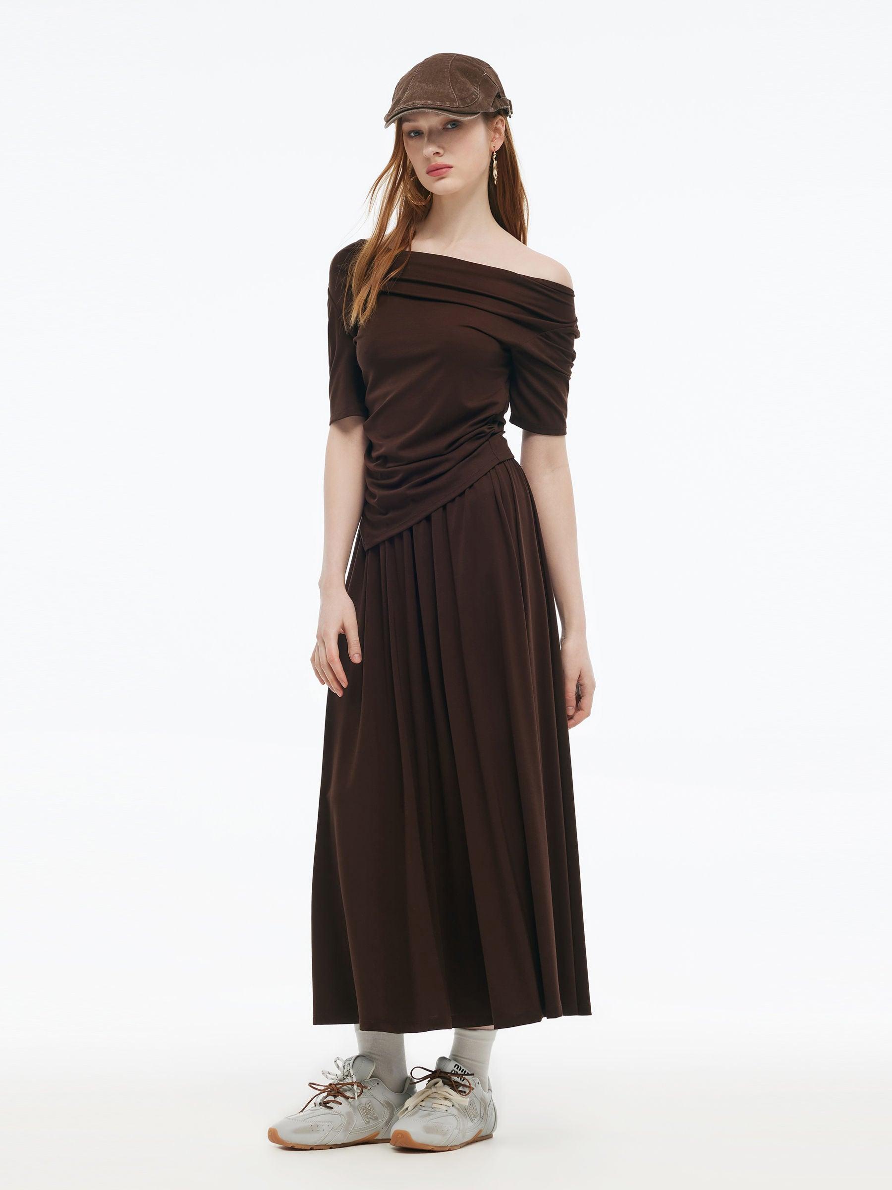 Tencel Blend Stretchy Knit Top And A-Line Skirt Two-Piece Set Product Image