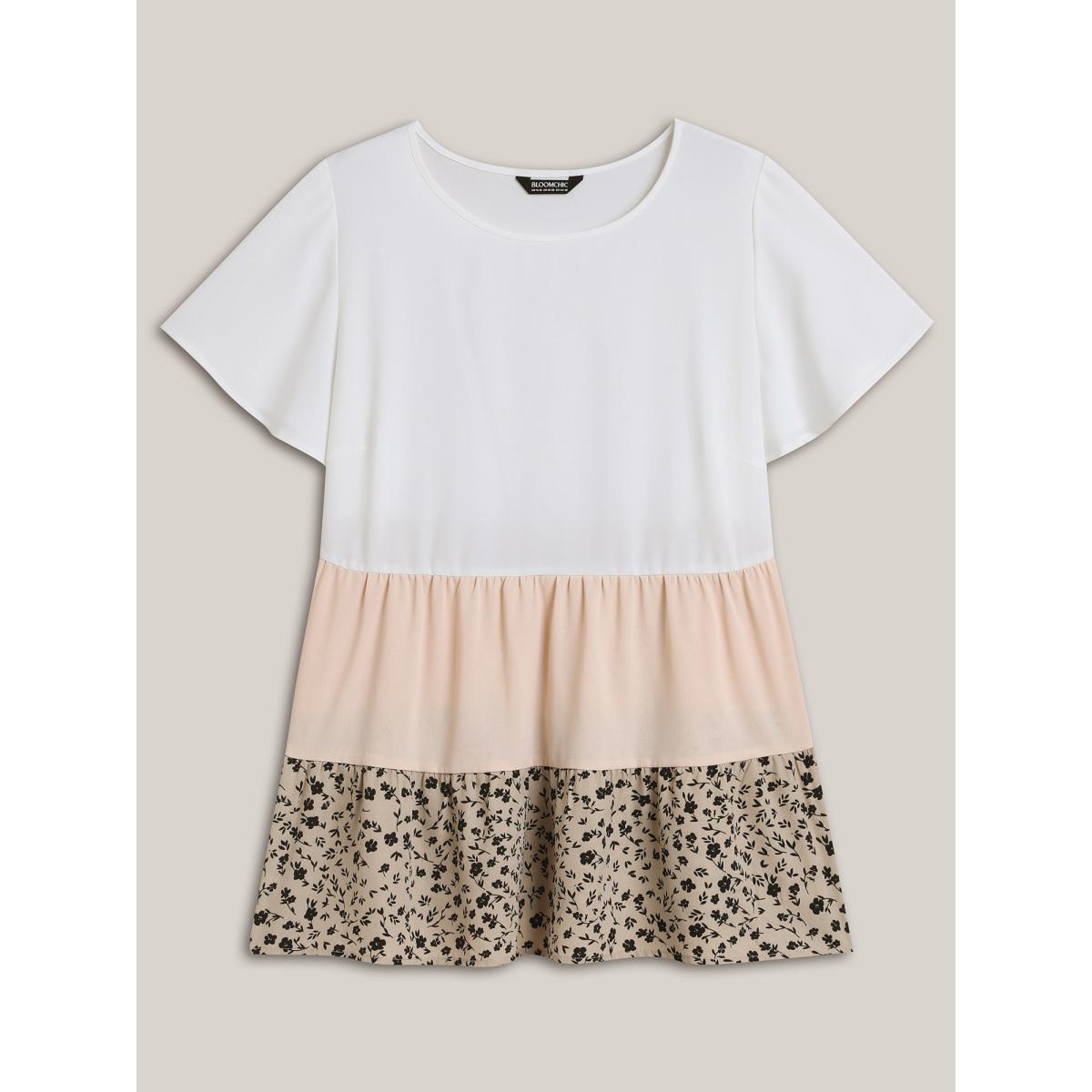 Plus Size Multicolor Round Neck Contrast Tiered Blouse Women Casual Cap Sleeve Round Neck Everyday Blouses BloomChic 26/4X Product Image