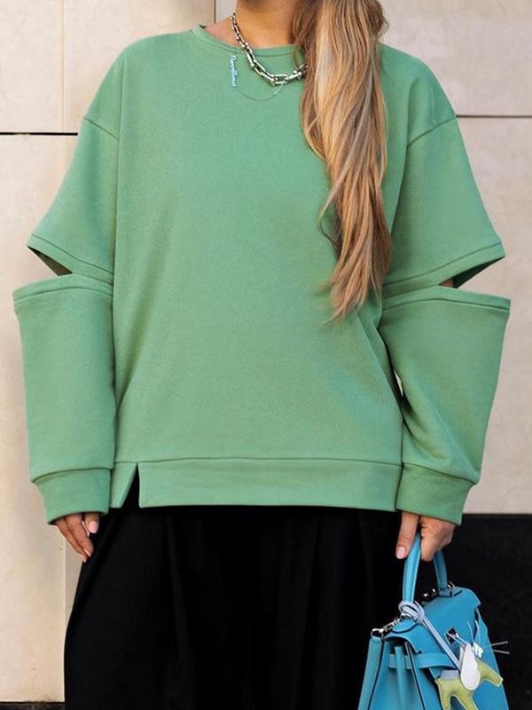 Letter Embroidered Print Cutout Sleeve Crew Neck Sweatshirt Product Image