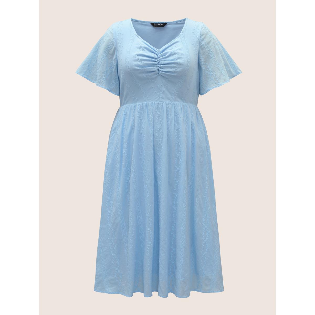 Plus Size Floral Chain Embroidered Ruched Midi Dress LightBlue Women Elegant Heart neckline Short sleeve Curvy BloomChic 12/L Product Image