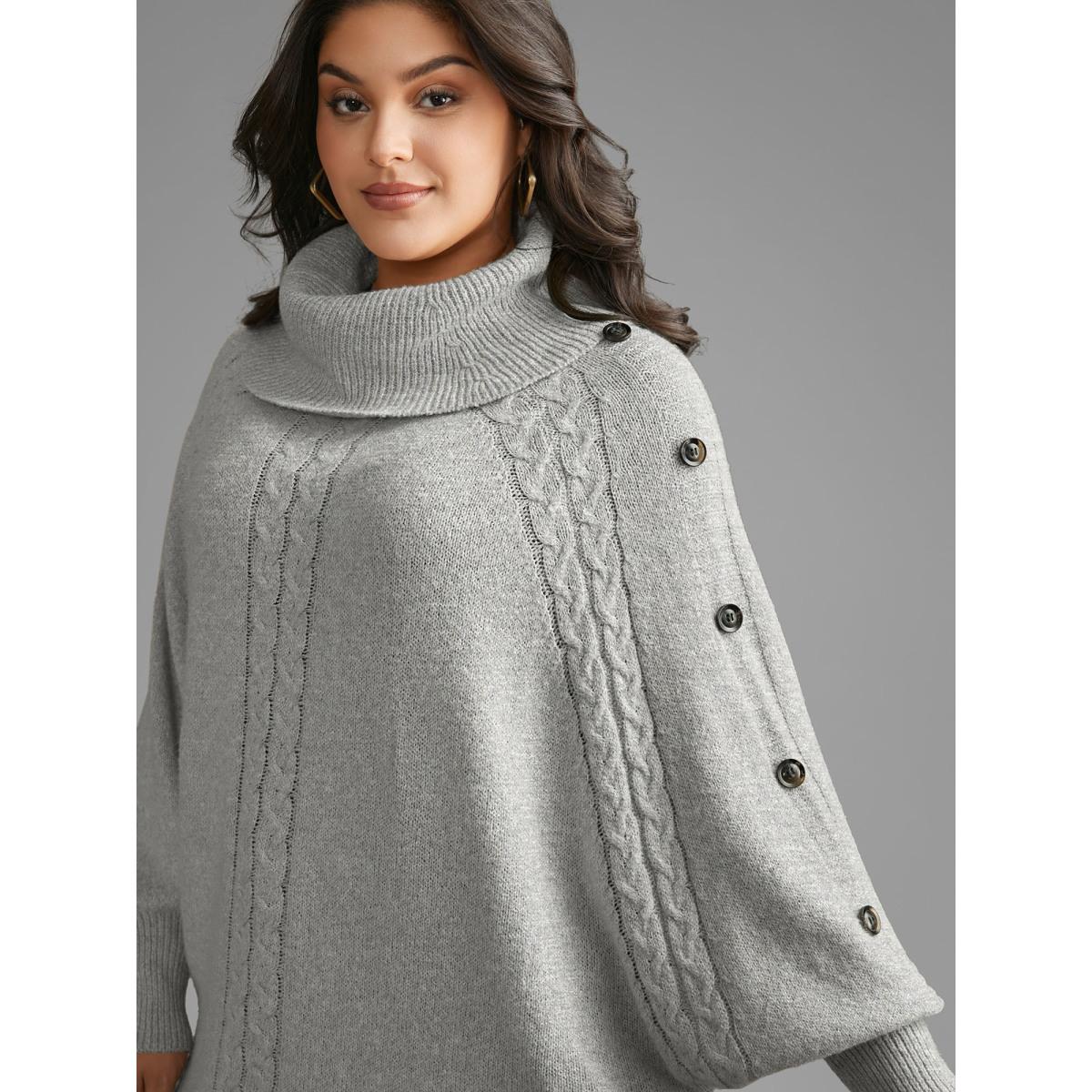 Plus Size Turtleneck Cable Knit Asymmetrical Hem Pullover LightGray Women Casual Loose Long Sleeve Ruffled collar Everyday Pullovers BloomChic 12/L Product Image