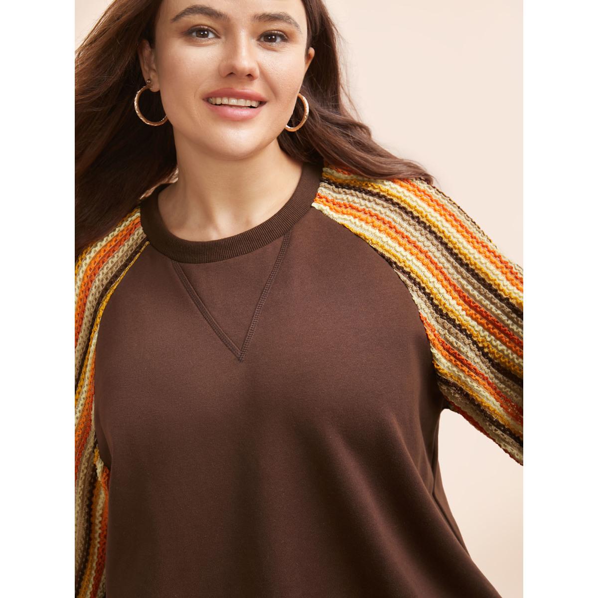 Plus Size Striped Textured Patchwork Raglan Sleeve Sweatshirt Women DarkBrown Casual Texture Round Neck Everyday Sweatshirts BloomChic 14-16/1X Product Image