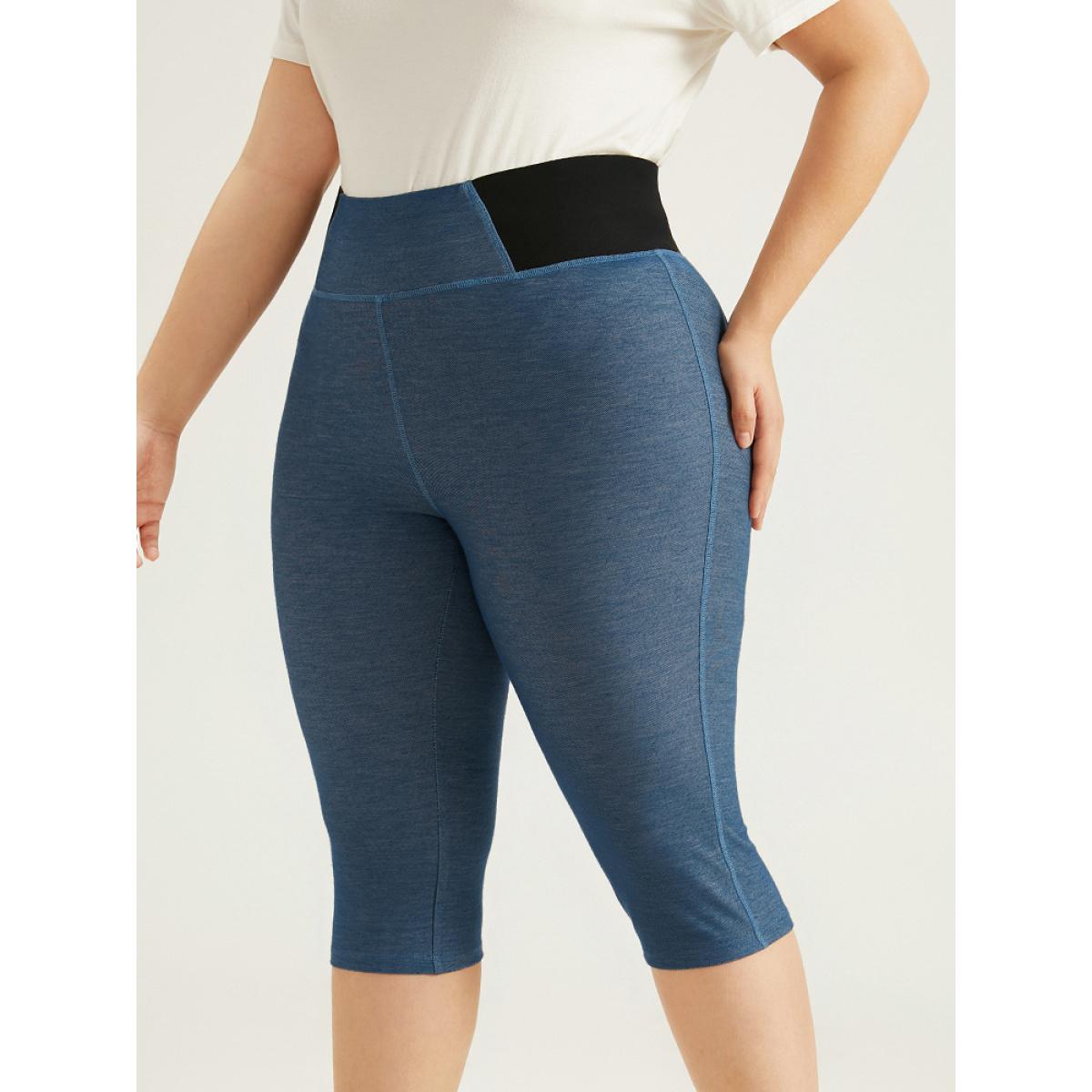 Plus Size Patchwork Contrast Pocket Leggings Women DarkBlue Casual High stretch Skinny High Rise Dailywear Leggings BloomChic 28/5X Product Image