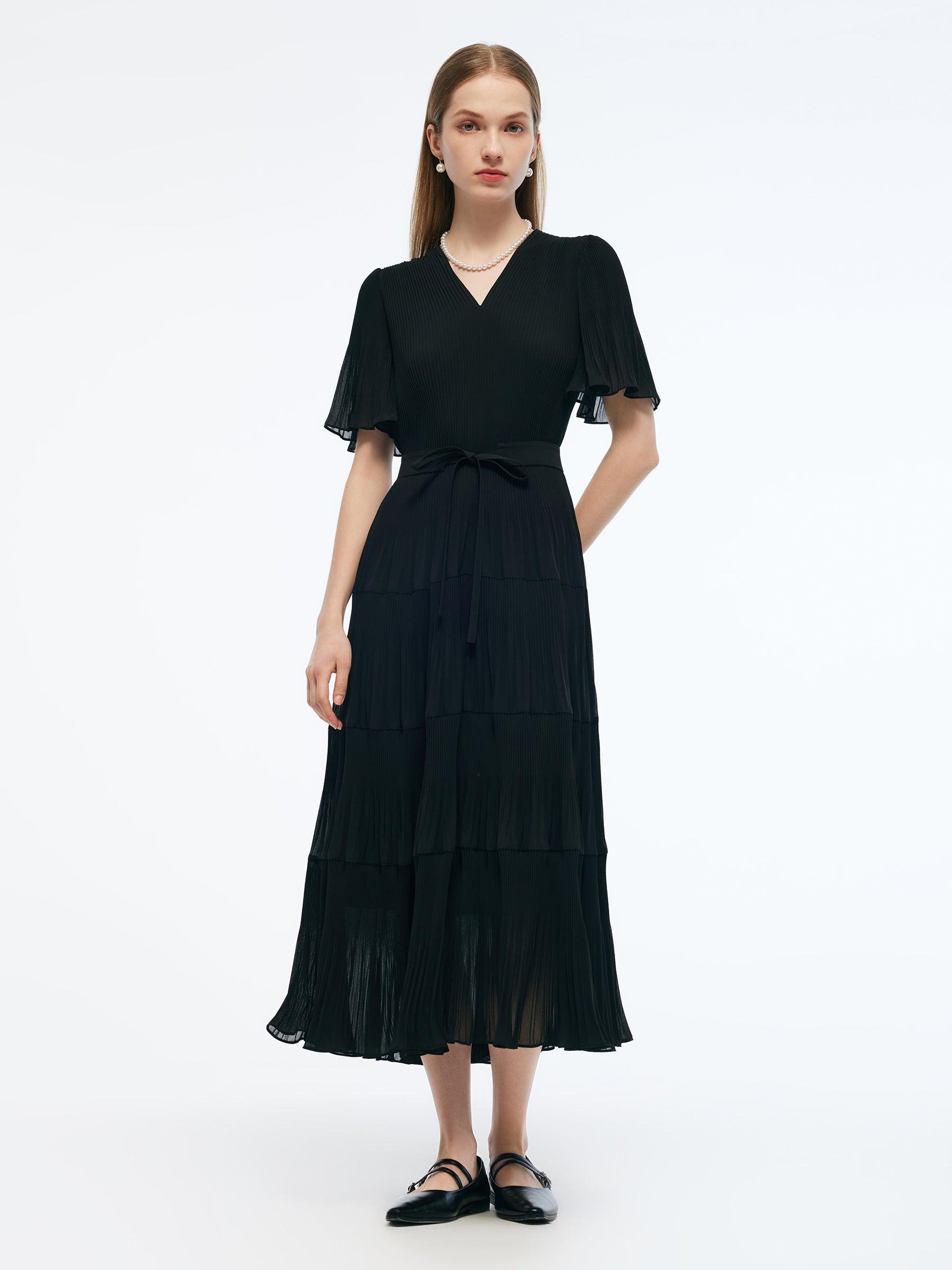 Pleated V-Neck Women A-Line Tie Belt Maxi Dress Product Image