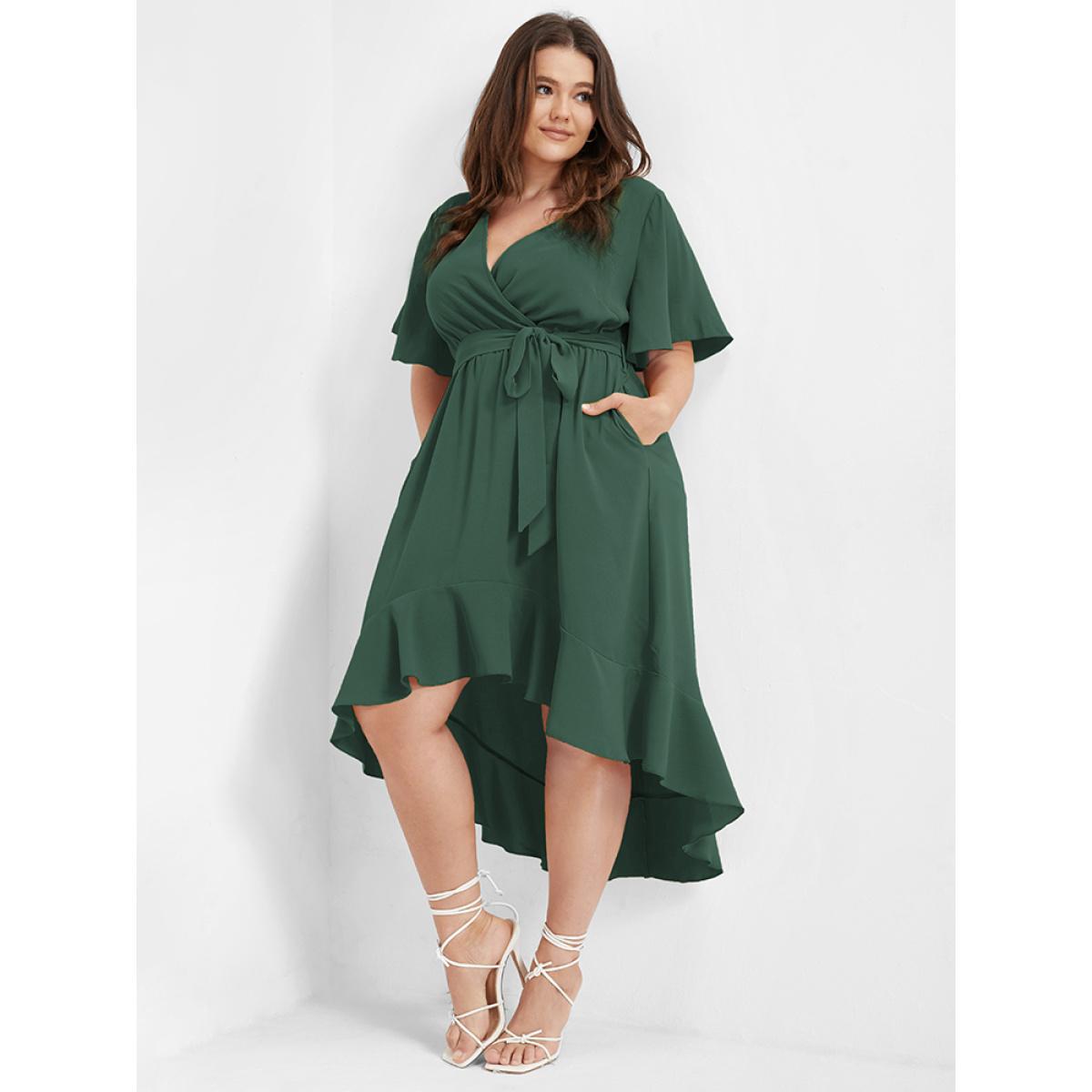 Plus Size Bloom Dress - Solid Tie Surplice Ruffle High Low Dress DarkGreen Women Elegant Cross straps V-neck Short sleeve Curvy Midi Dress BloomChic 12/L Product Image