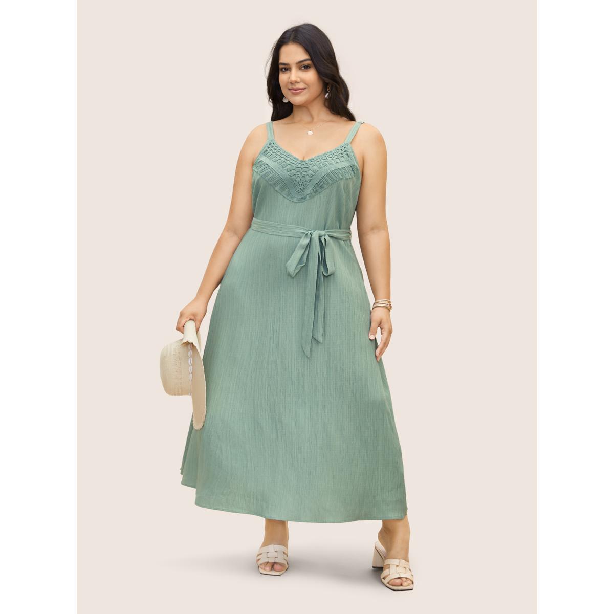 Plus Size Texture Lace Trim Belted Cami Dress Mint Women Resort Woven ribbon&lace trim V-neck Sleeveless Curvy BloomChic 18-20/2X Product Image