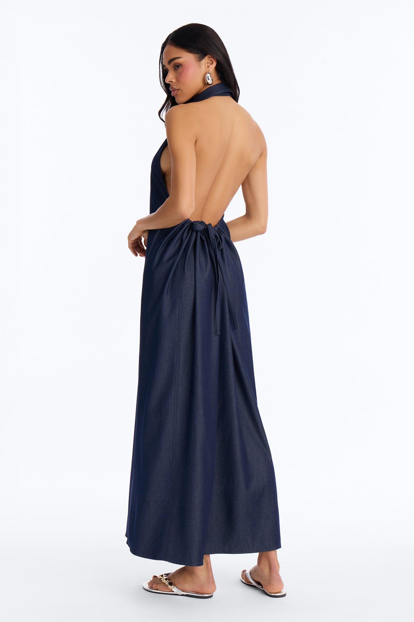 Kristi Halter Denim Maxi Dress - Dark Denim Female Product Image
