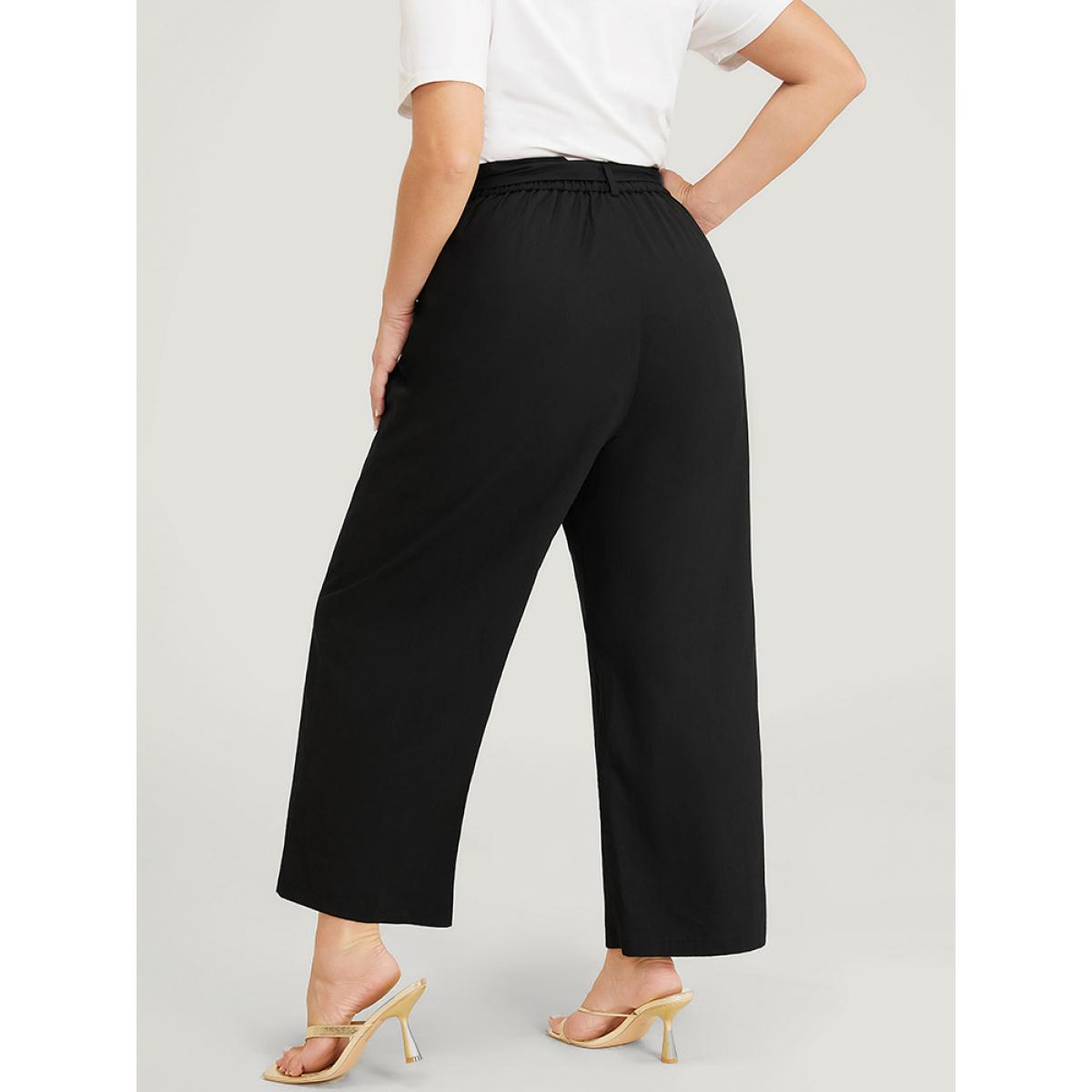 Plus Size Solid Pocket Eyelet Detail Buckle Belted Pants Women Black Office Wide Leg High Rise Dailywear Pants BloomChic 30/6X Product Image
