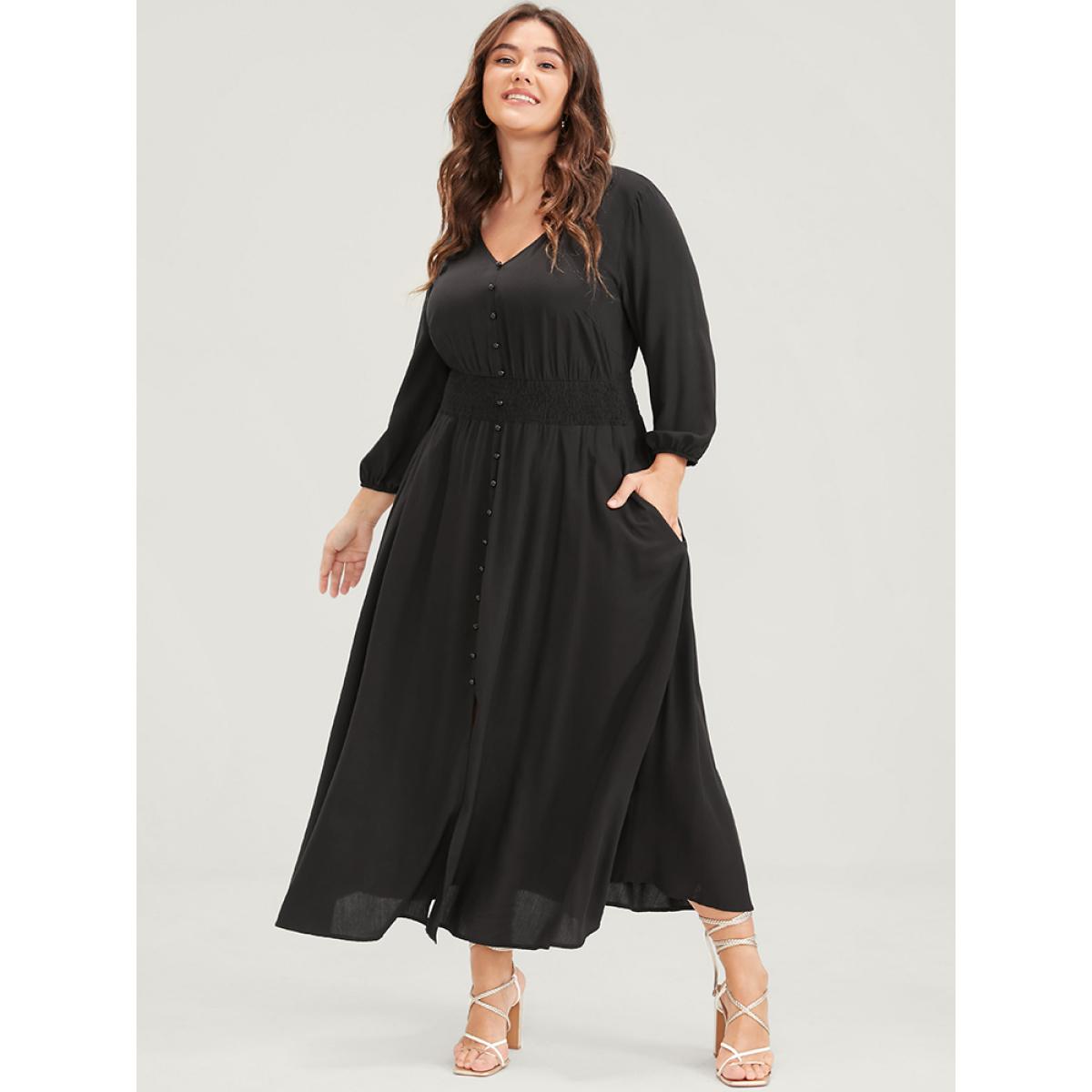 Plus Size Solid V Neck Lantern Sleeve Pocket Button Shirred Split Dress Black Women Elegant Elastic Waist V-neck Elbow-length sleeve Curvy Midi Dress BloomChic 22-24/3X Product Image