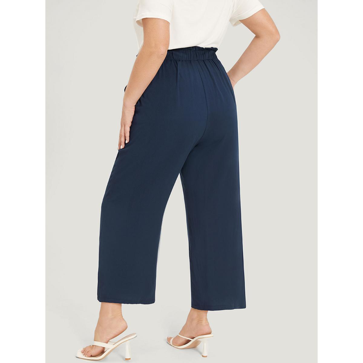 Plus Size Plain Pocket Paperbag Waist Button Detail Pants Women Indigo Elegant Straight Leg High Rise Dailywear Pants BloomChic 10/M Product Image