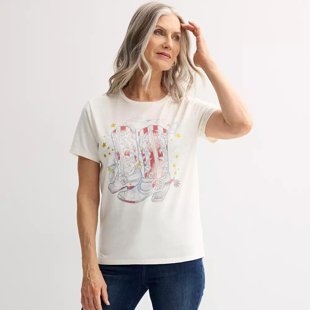 Women's Red White & Blue Cowgirl Boots Graphic Tee, Girl's, Size: Large, Egret Product Image