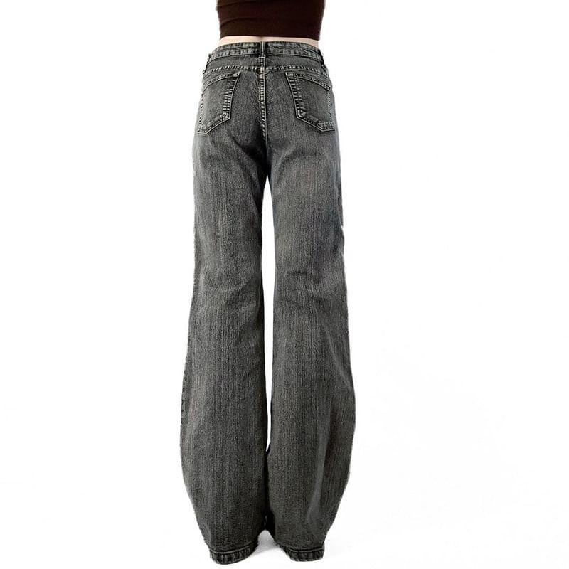 Mid Waist Floral Embroidered Flared Jeans Product Image