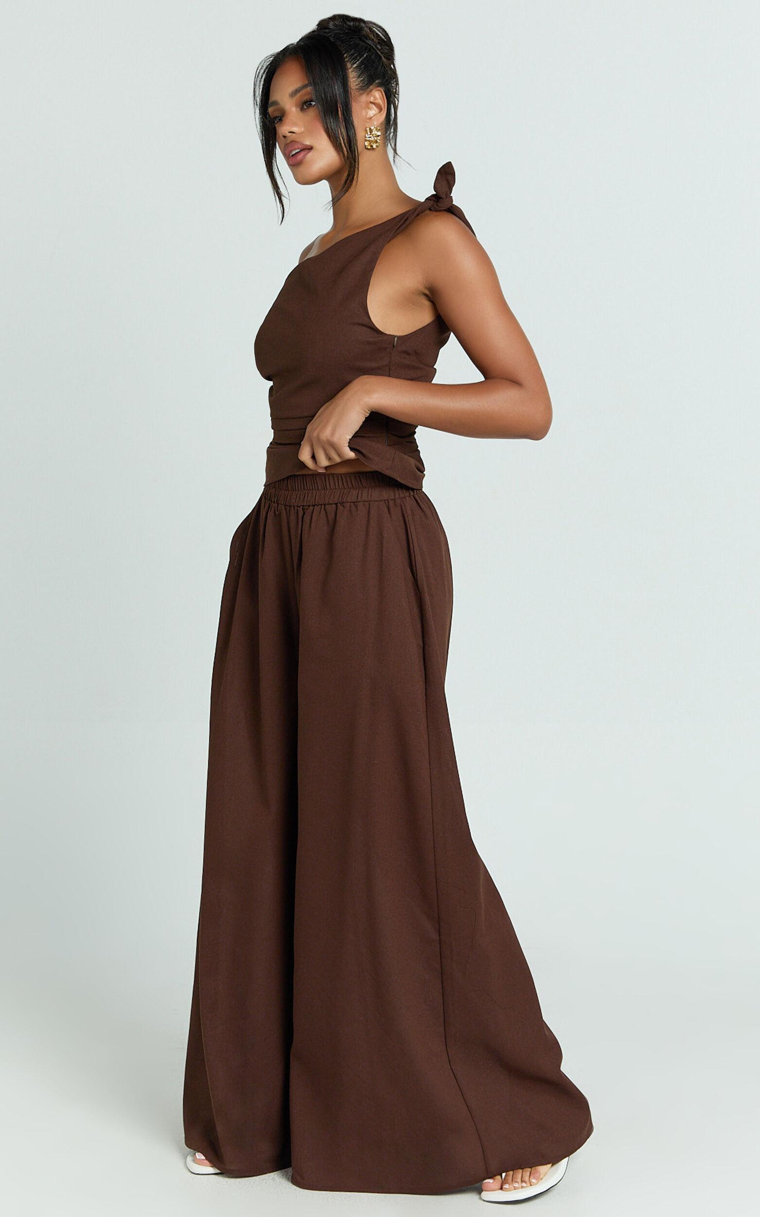 Tamara Pants - High Elasticated Waist Wide Leg Pants in Chocolate Product Image