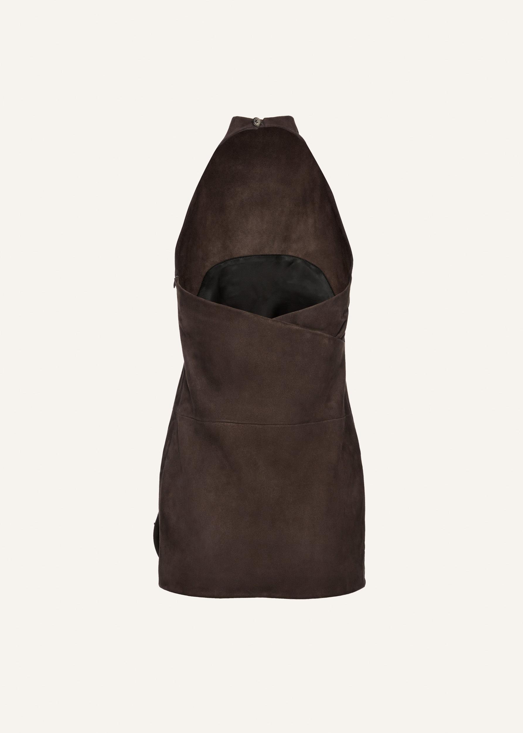 Flower applique halter dress in brown suede Product Image