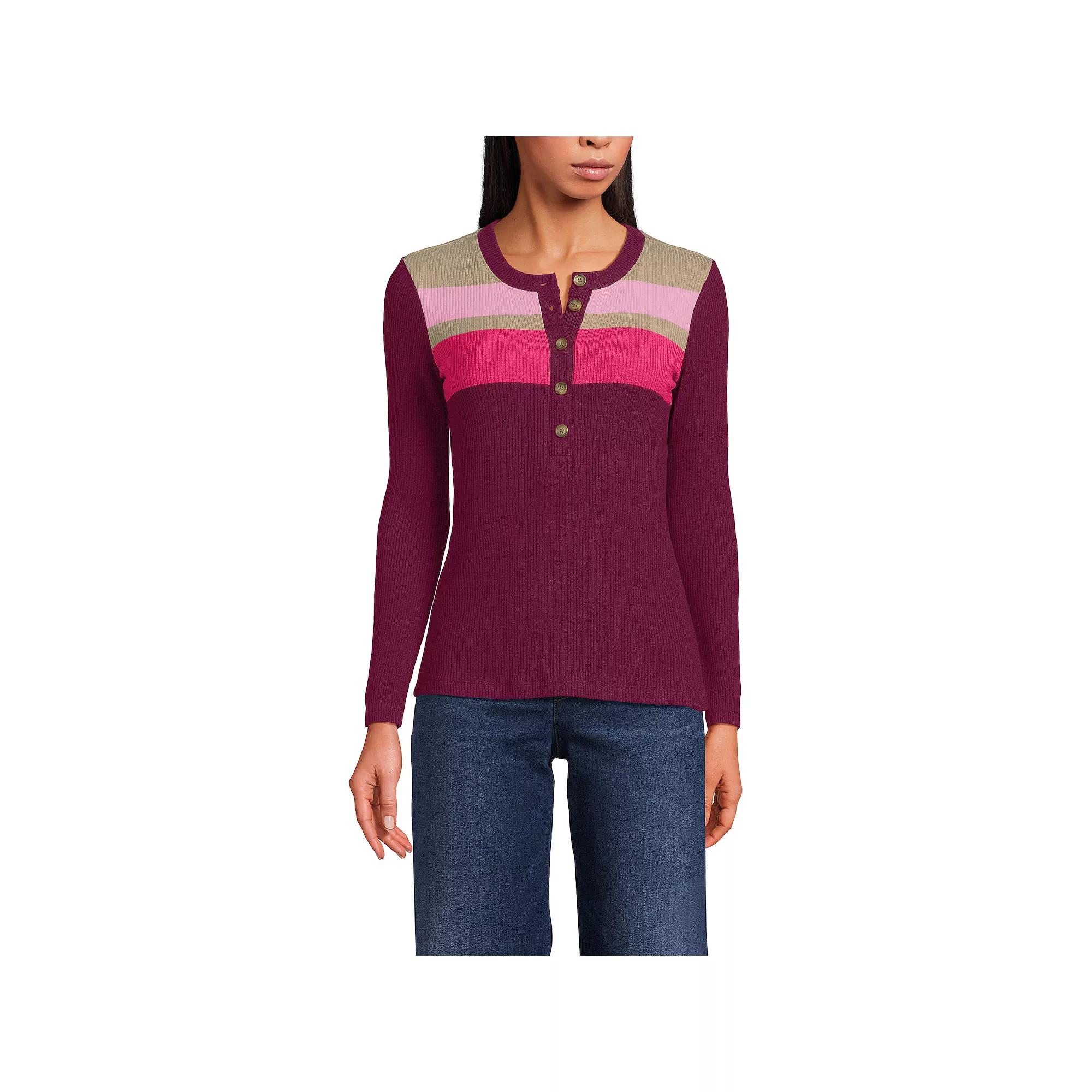 Women's Lands' End Long Sleeve Cozy Rib Henley Top, Size: XL, Rich Red Stripe Product Image
