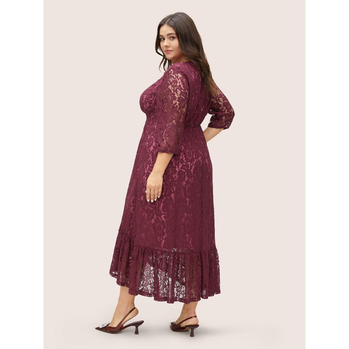 Plus Size Crochet Lace Mesh Gathered Arc Hem Dress Burgundy Women Elegant Non V-neck Elbow-length sleeve Curvy Midi Dress BloomChic 12/L Product Image