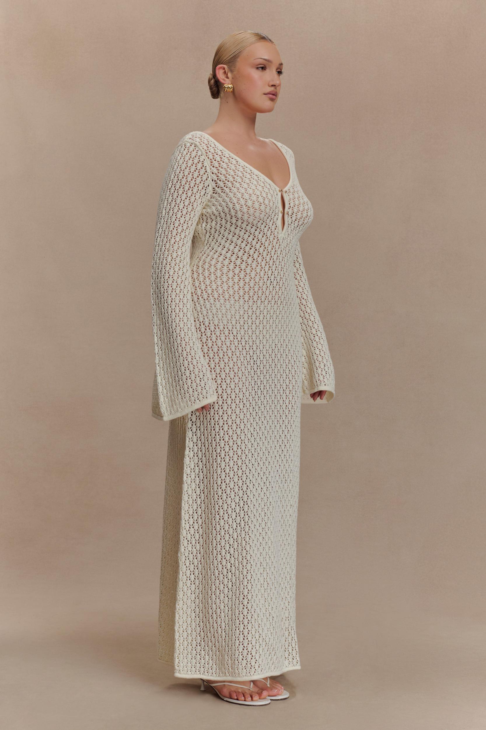 Kayleigh Crochet Fishtail Flare Sleeve Maxi Dress - White Product Image