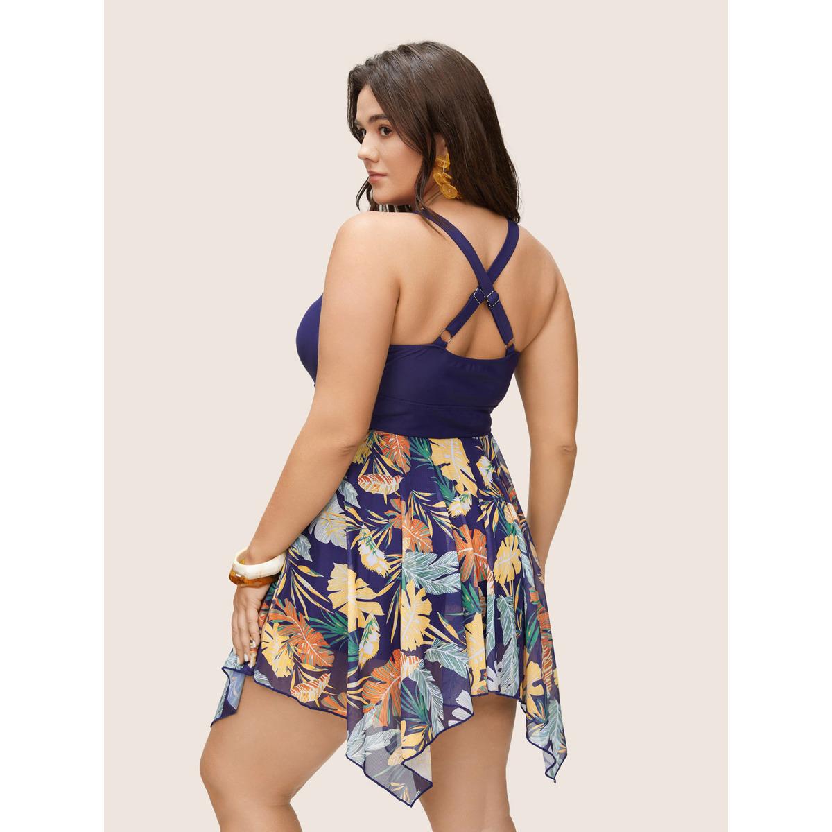 Plus Size Tropical Print Patchwork Crisscross Hanky Hem Swim Dress Women's Swimwear Indigo Vacation Bodycon Overlap Collar High stretch Curve Swim Dresses BloomChic 30/6X Product Image