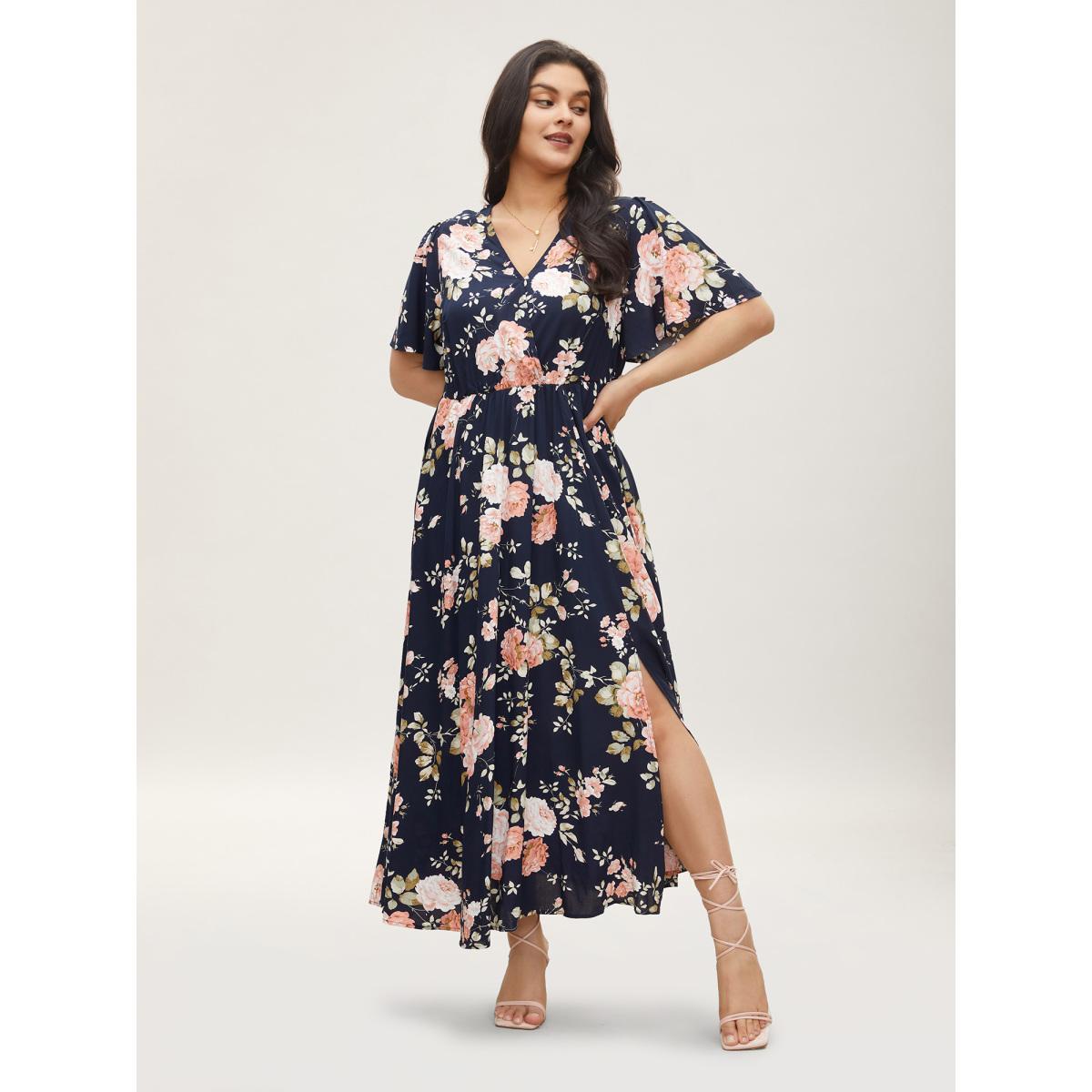Plus Size Bloom Dress - Flutter Sleeve Ditsy Floral Pocket Split Maxi Dress LightGreen Women Romantic Slit V-neck Half Sleeve Curvy Long Dress BloomChic 10/M Product Image