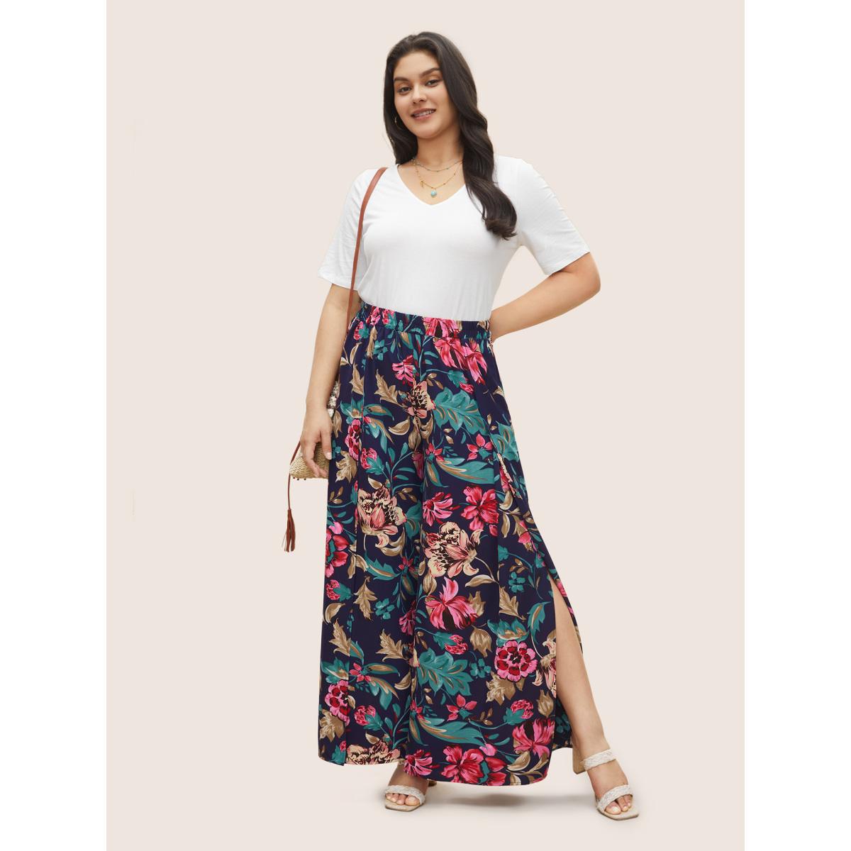 Plus Size Floral Elastic Waist Split Hem Wide Leg Pants Women Indigo Resort Wide Leg High Rise Vacation Pants BloomChic 26/4X Product Image