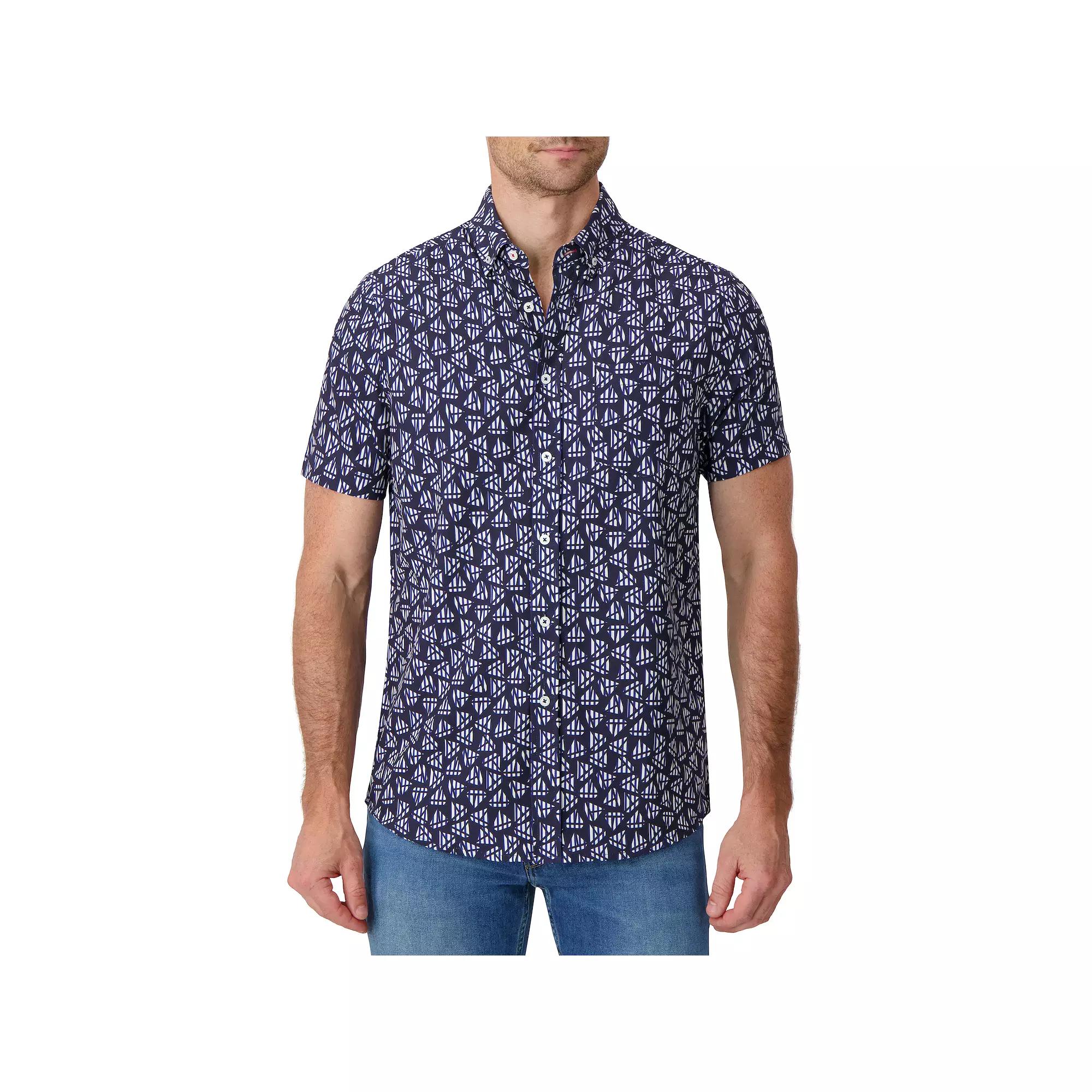 Men's Report Collection Short Sleeve Stretch Tropical Print Woven Button-Down Shirt,  Product Image