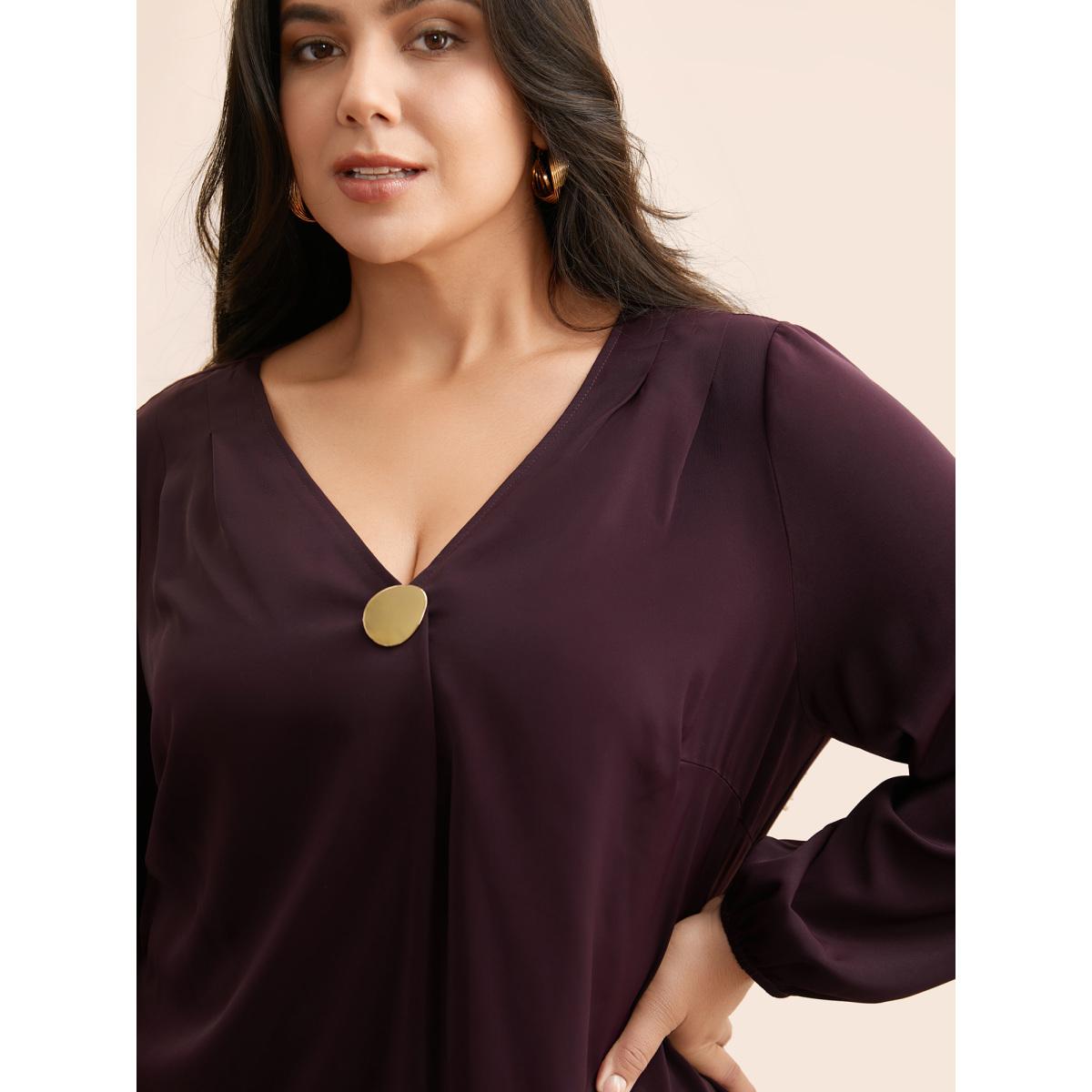 Plus Size Eggplant V Neck Pleated Metal Detail Blouse Women Elegant Long Sleeve V-neck Everyday Blouses BloomChic 10/M Product Image