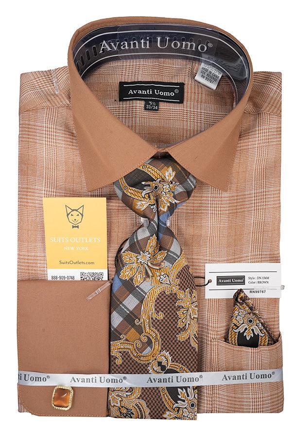 Brown Plaid French Cuff Dress Shirt Set with Cuff Links, Tie and Pocket Square Product Image