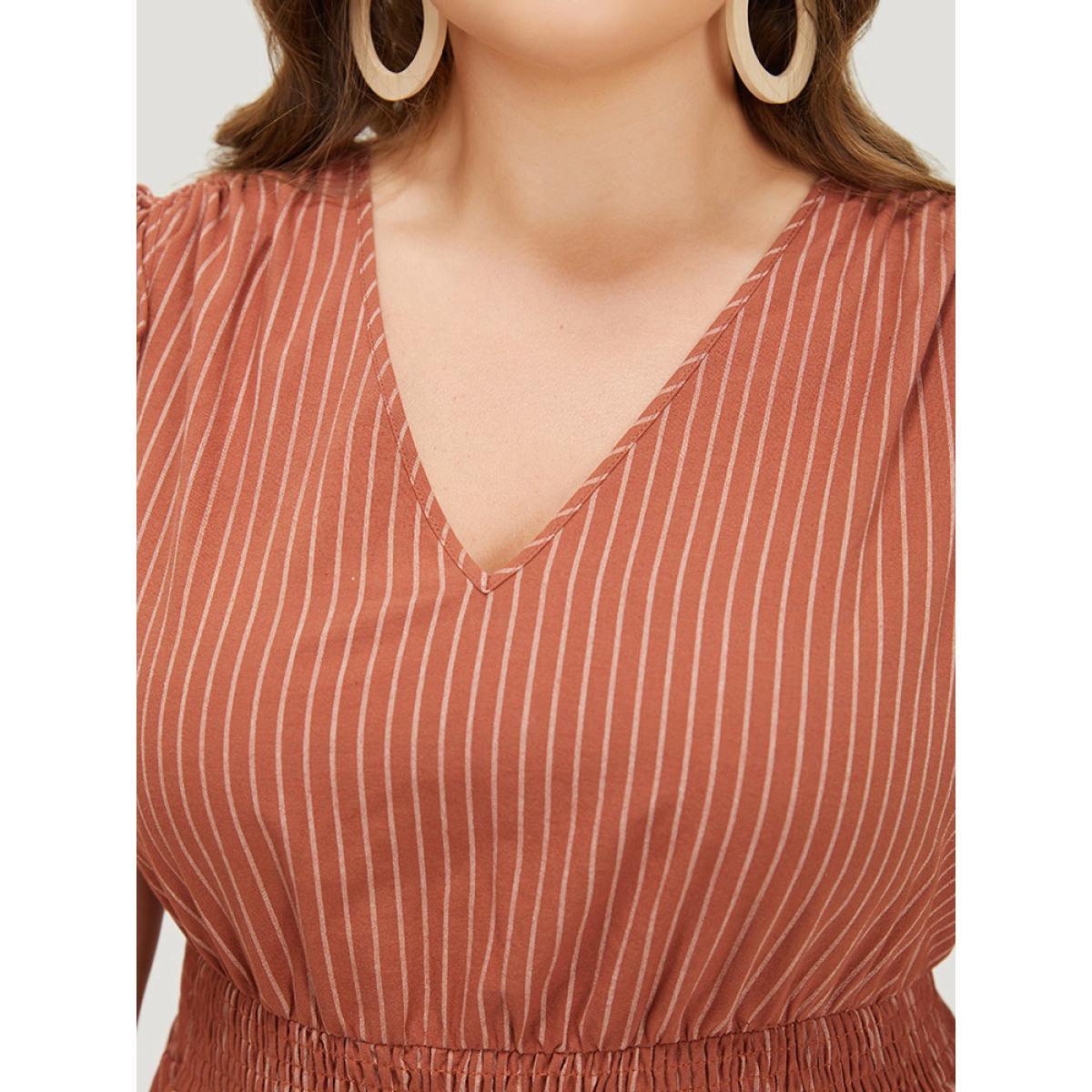 Plus Size Striped Print Pocket Shirred Drawstring Shoulder Dress Rust Women Vacation Contrast V-neck Sleeveless Curvy Midi Dress BloomChic 12/L Product Image
