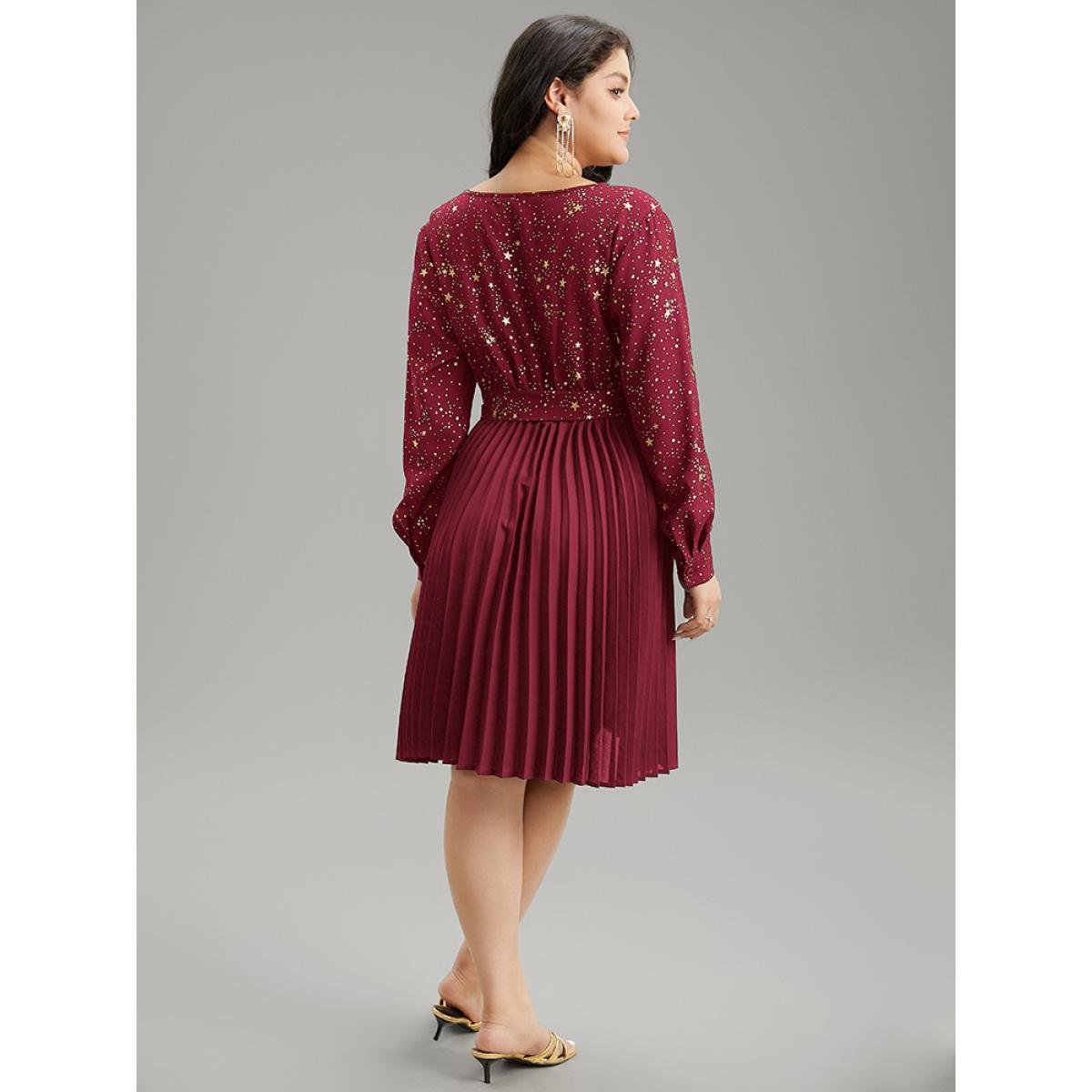 Plus Size Star Glitter Belted Pleated Wrap Dress Burgundy Women Cocktail Belted V-neck Long Sleeve Curvy Midi Dress BloomChic 12/L Product Image