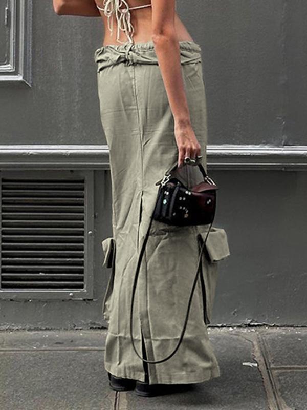 Low Waist Big Pocket Rolled Lacing Midi Skirt Product Image