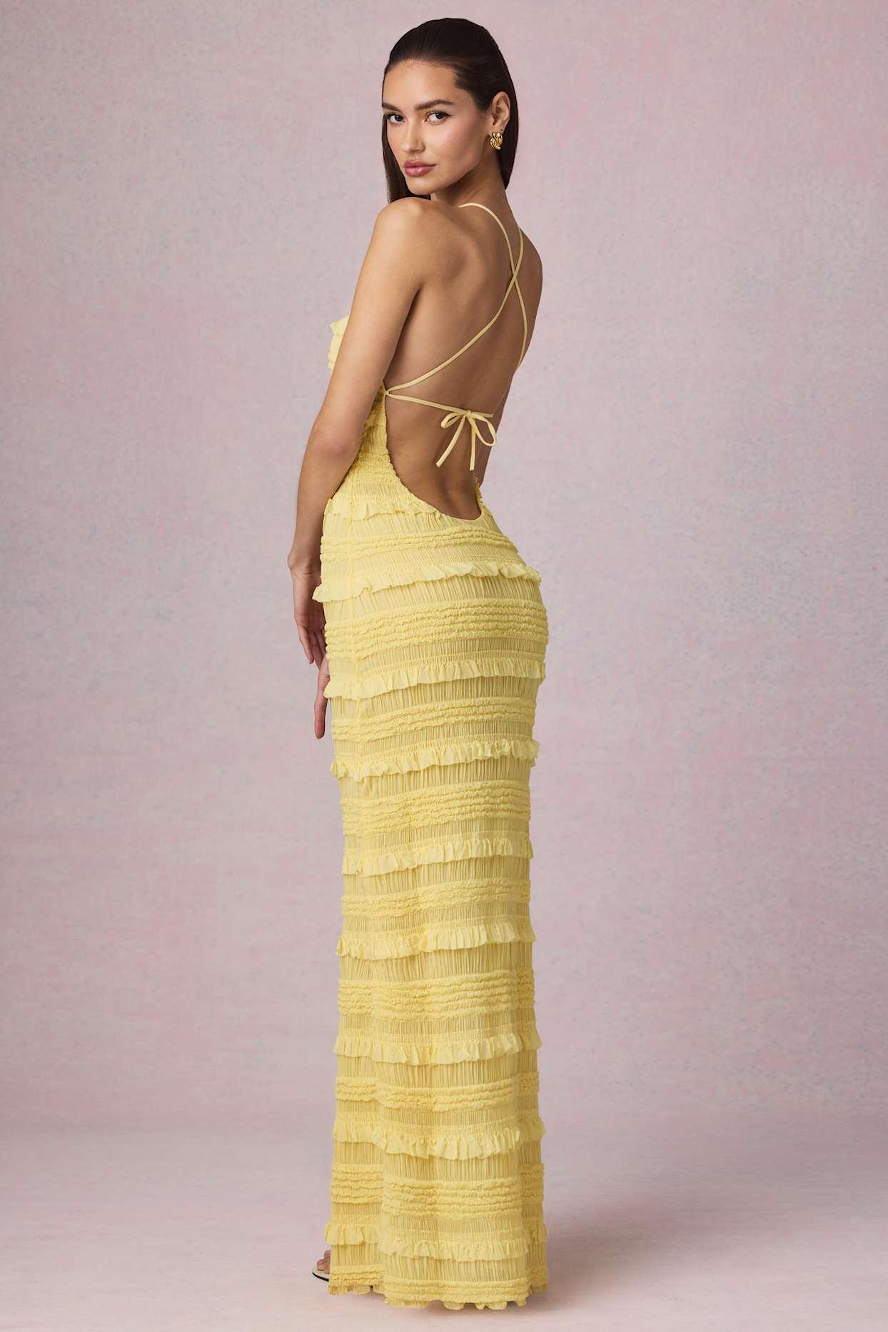 Ruffled Backless Halterneck Maxi Dress in Lemon Yellow Product Image