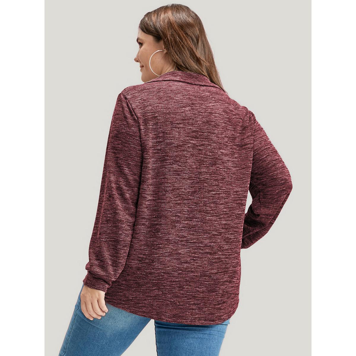 Plus Size Solid O Ring Zip Rib Knit Long Tee Burgundy Women Elegant Zipper Plain Lapel Collar Dailywear T-shirts BloomChic 14-16/1X Product Image