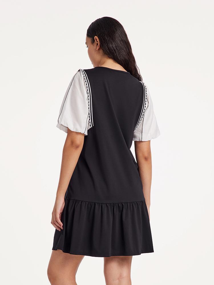 A-Shape Patchwork Puff Sleeve Mini Dress Product Image