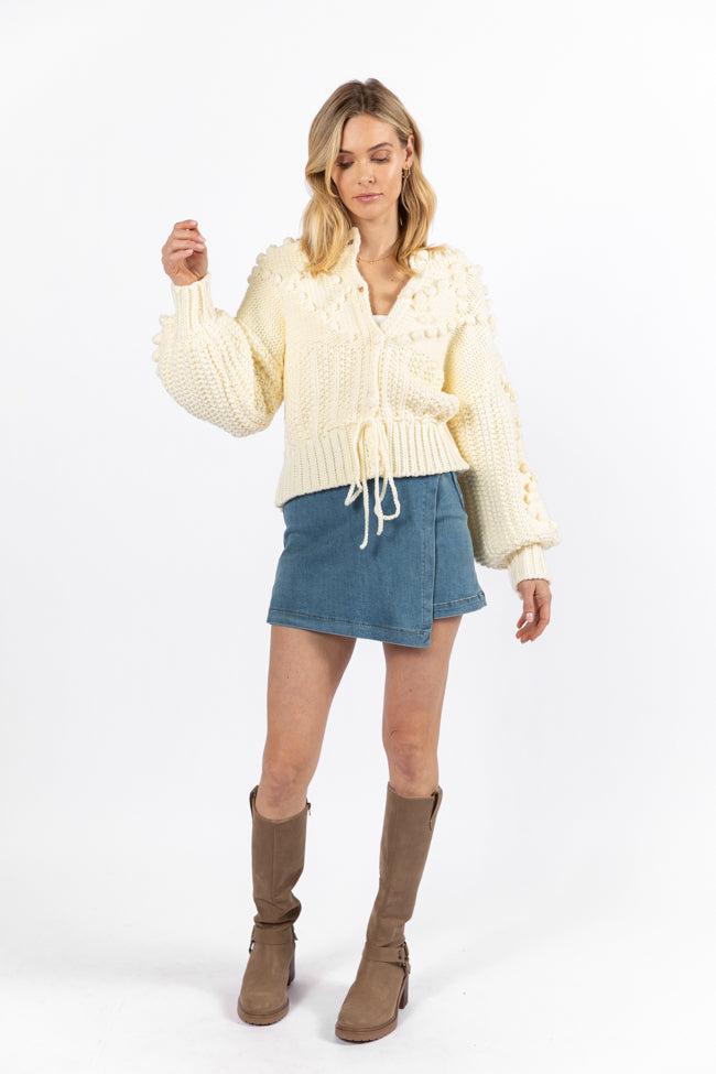Pom Party Cream Chunky Cinched Waist Cardigan FINAL SALE Product Image