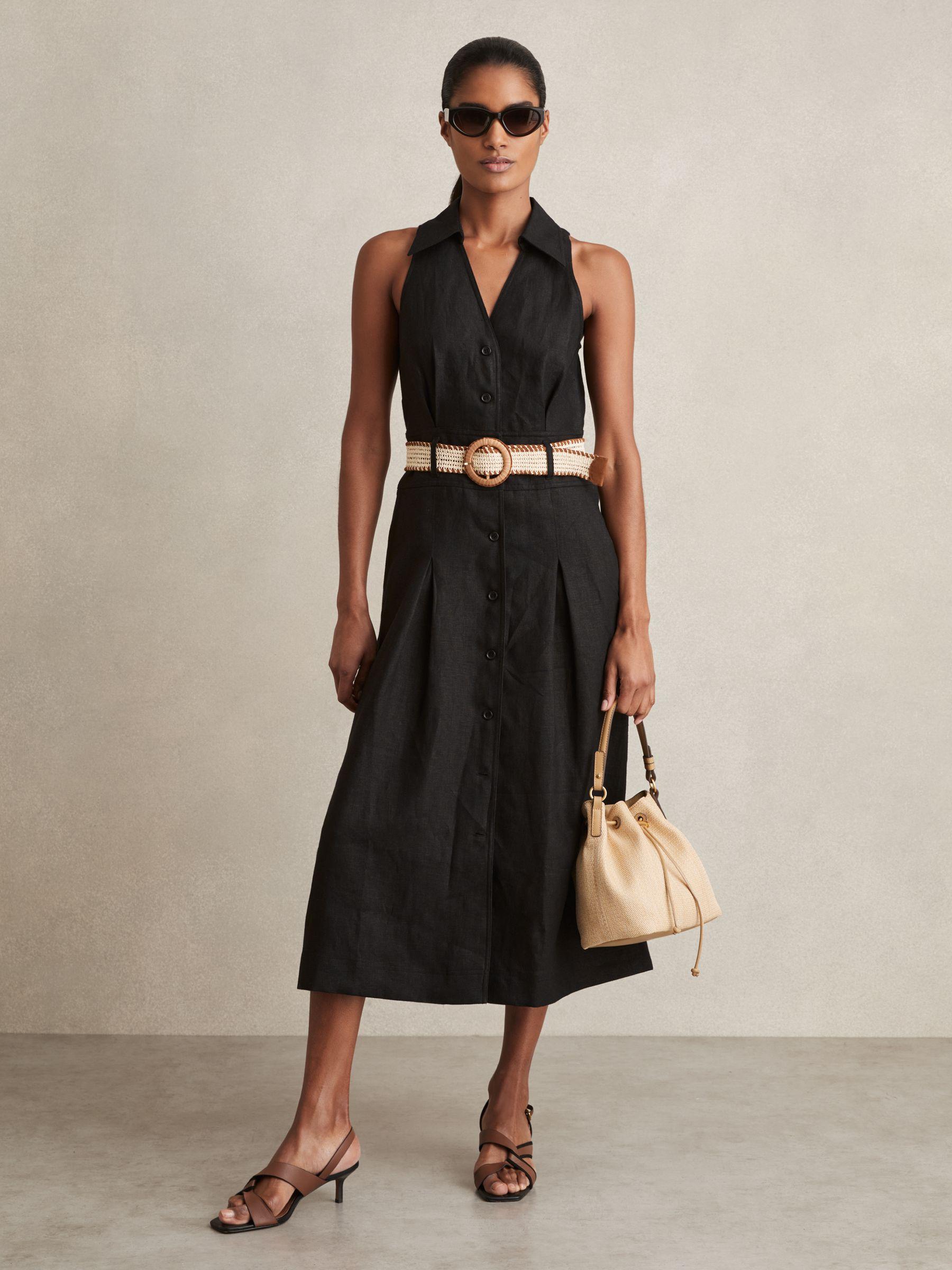 Linen Belted Sleeveless Midi Dress in Black Product Image