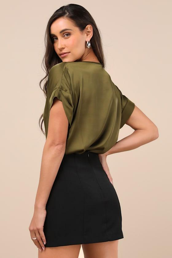 Posh Precision Olive Green Satin Surplice Short Sleeve Bodysuit Product Image