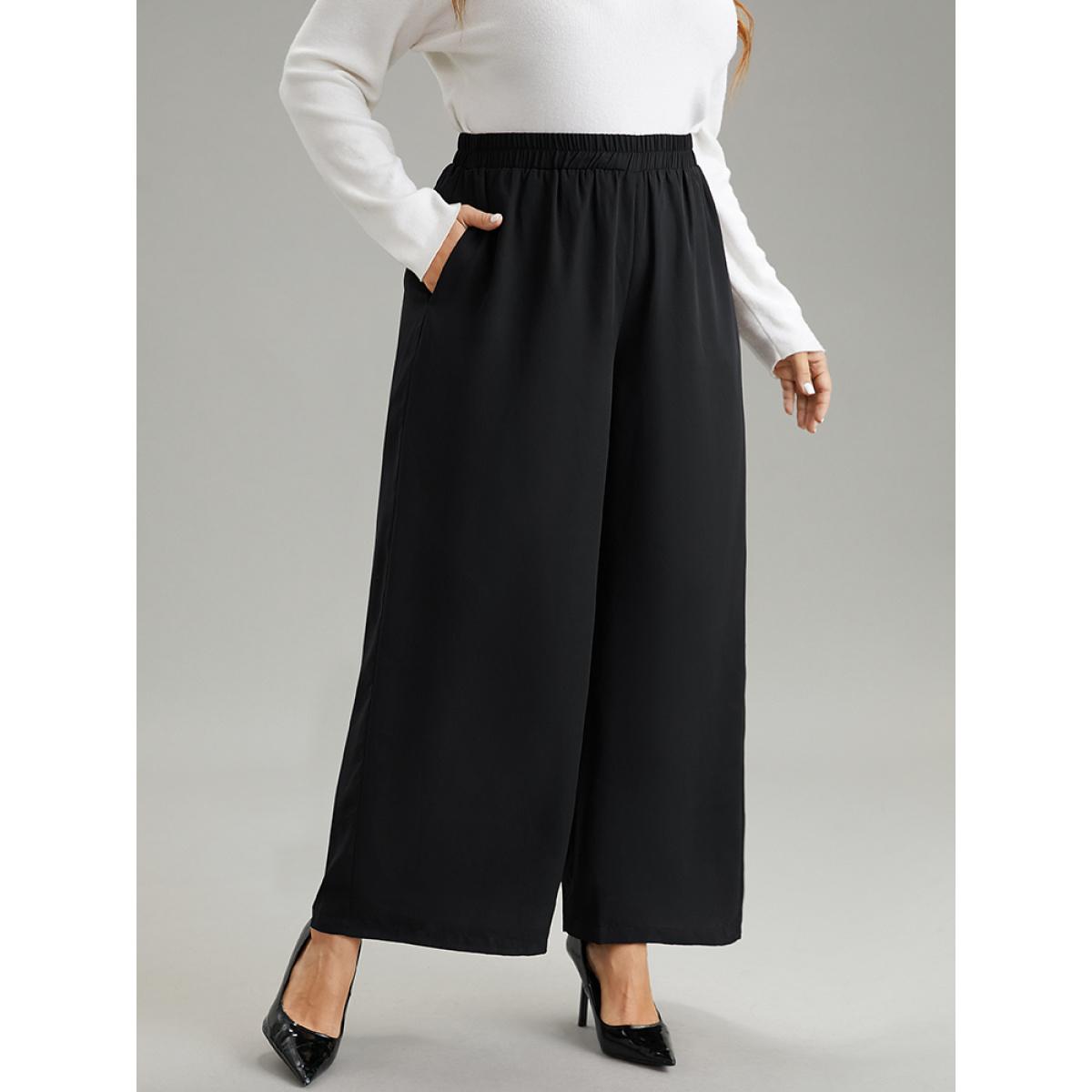 Plus Size Solid Chiffon Elastic Waist Wide Leg Pants Women Black Elegant Wide Leg High Rise Dailywear Pants BloomChic 10/M Product Image